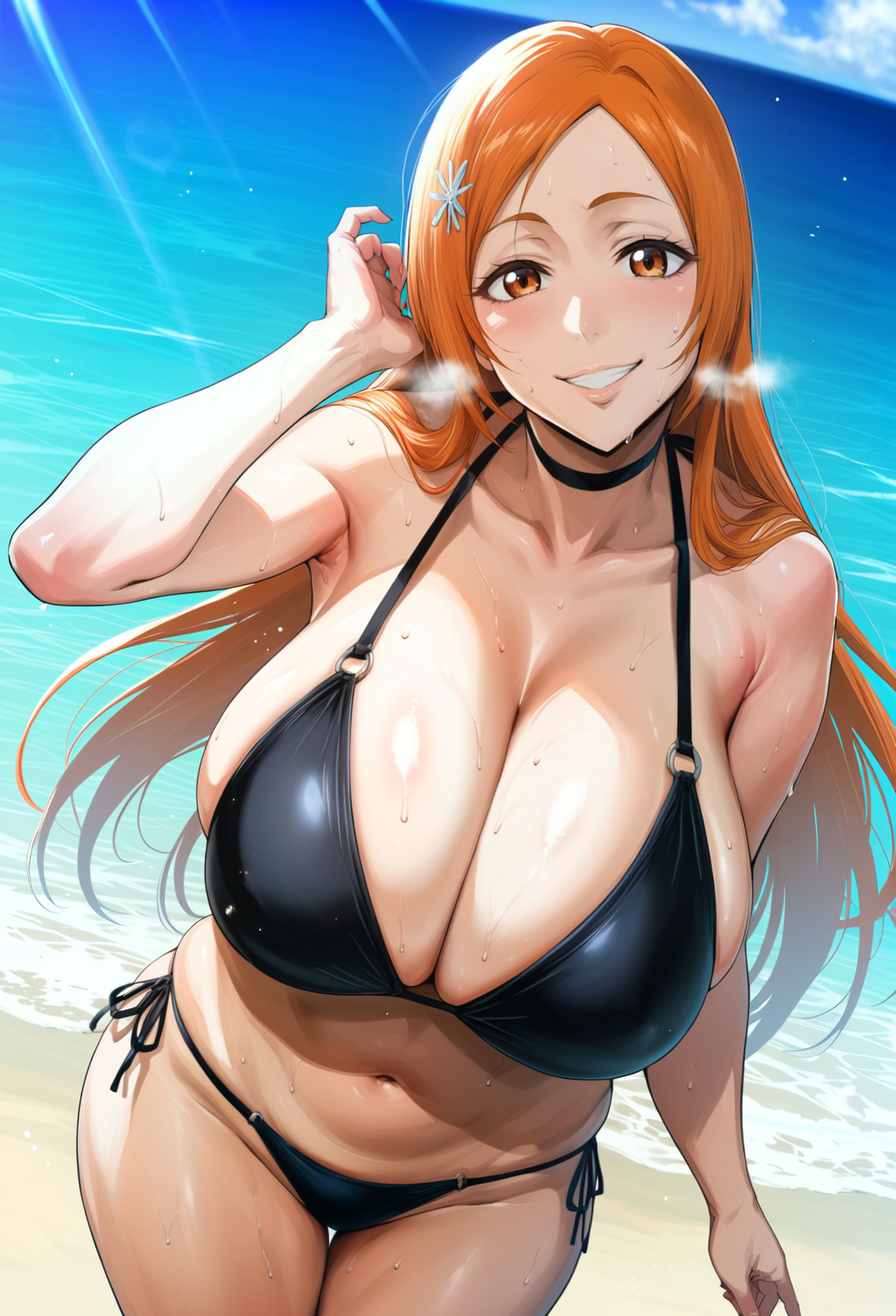 1girls ai_generated bangs bare_shoulders beach bikini black_bikini black_swimsuit bleach bleach:_the_thousand-year_blood_war blue_sky blush breasts brown_eyes choker clavicle cleavage clothing cloud day female female_only flower hair_flower hair_ornament high_resolution huge_breasts inoue_orihime large_breasts lewisai long_hair looking_at_viewer mommy navel ocean open_mouth orange_eyes orange_hair outdoors sand side-tie_bikini side-tie_bikini_bottom sky smile solo standing sweat swimsuit thighs voluptuous water wet