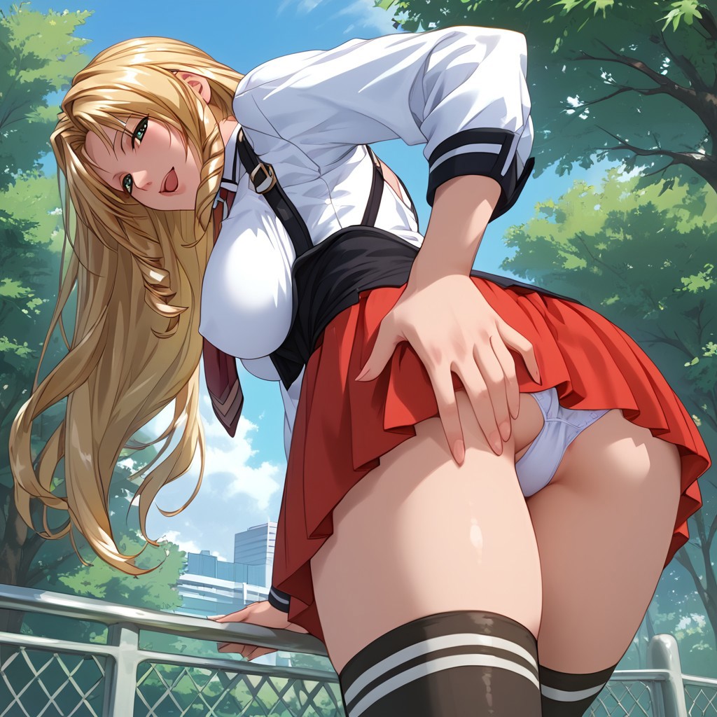 ai_generated allure_diffusion bible_black blonde_hair large_breasts long_hair school_uniform shiraki_rika stockings thighhighs