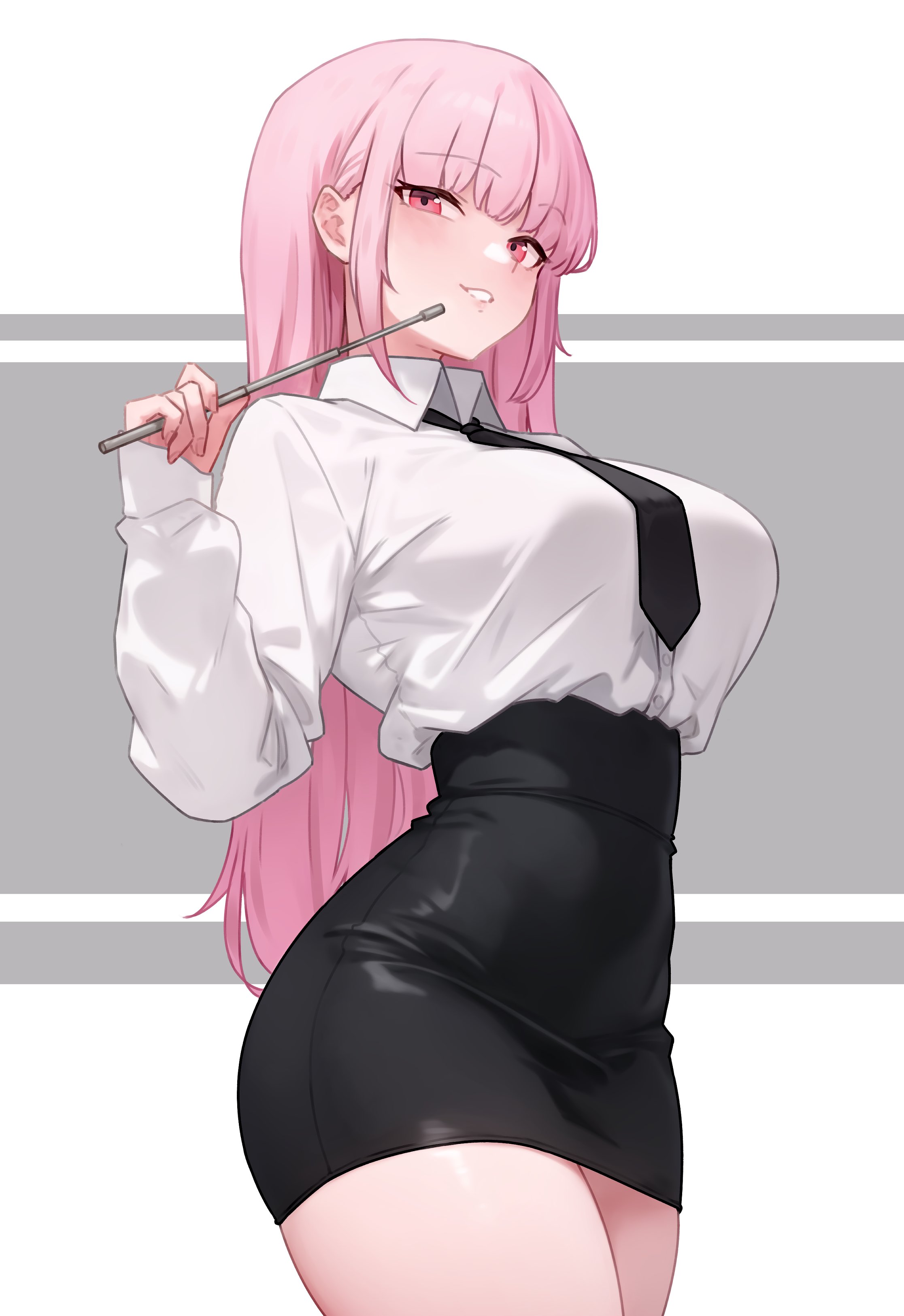1girls, black necktie, blouse, bluefield, breasts, clothed, clothing, eyebrows visible through hair, female, female only, fully clothed, high-waist skirt, hololive, hololive english, hololive myth, large breasts, light skin, light-skinned female, looking at viewer, mature female, miniskirt, mori calliope, necktie, office lady, pencil skirt, pink eyes, pink hair, shirt, skirt, slim waist, solo, teacher, thick thighs, tight skirt, virtual youtuber, wide hips