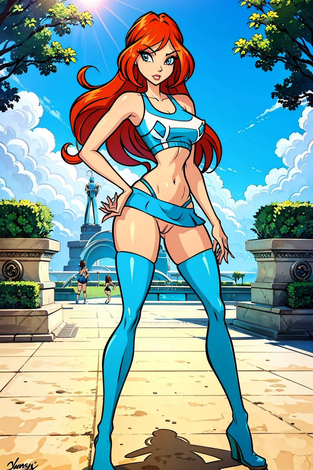 4kids entertainment, ai generated, bloom (winx club), blue boots, blue eyes, blue panties, blue skirt, blue topwear, boots, erect nipples, female, female only, heel boots, high heel boots, high heels, human, jpeg, looking at viewer, microskirt, nickelodeon, nipples, no panties, orange hair, public, pussy, rainbow (animation studio), sports bra, thighhighs, winx club