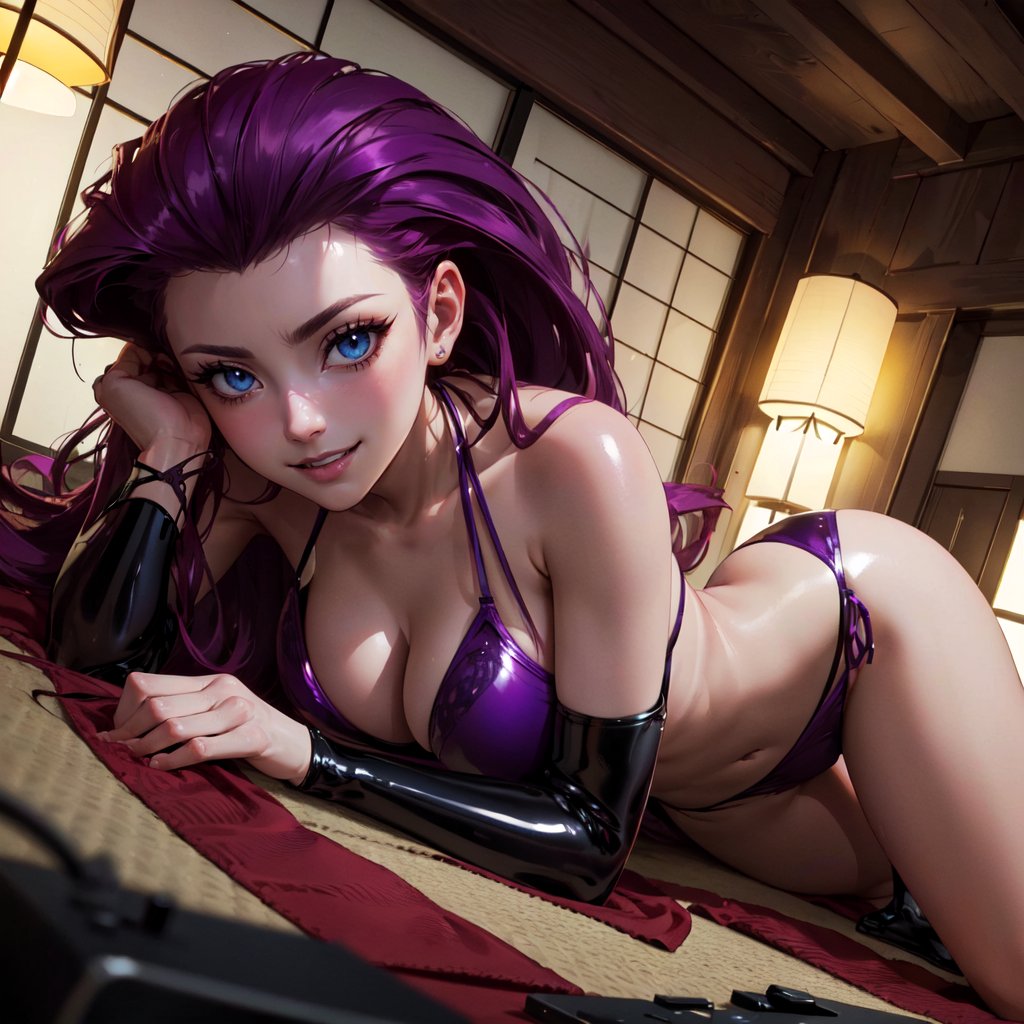 1girls, ai generated, armwear, bikini, blue eyes, blush, cleavage, dutch angle, female, jessie (pokemon), latex, light blush, lingerie, long hair, looking at viewer, panties, pokemon, purple bra, purple hair, purple panties, sarella, seductive, smile, solo