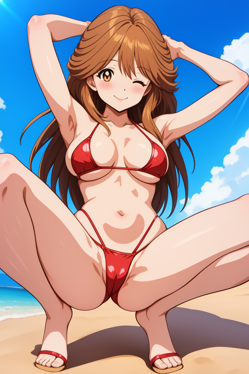 1girls ai_generated armpits arms_behind_head beach bikini breasts brown_hair female female_only happy_female hi_res high_resolution highres kawai_iyona long_hair looking_at_viewer magical_taruruuto-kun medium_breasts red_bikini spread_legs sunlight tagme wink winking_at_viewer