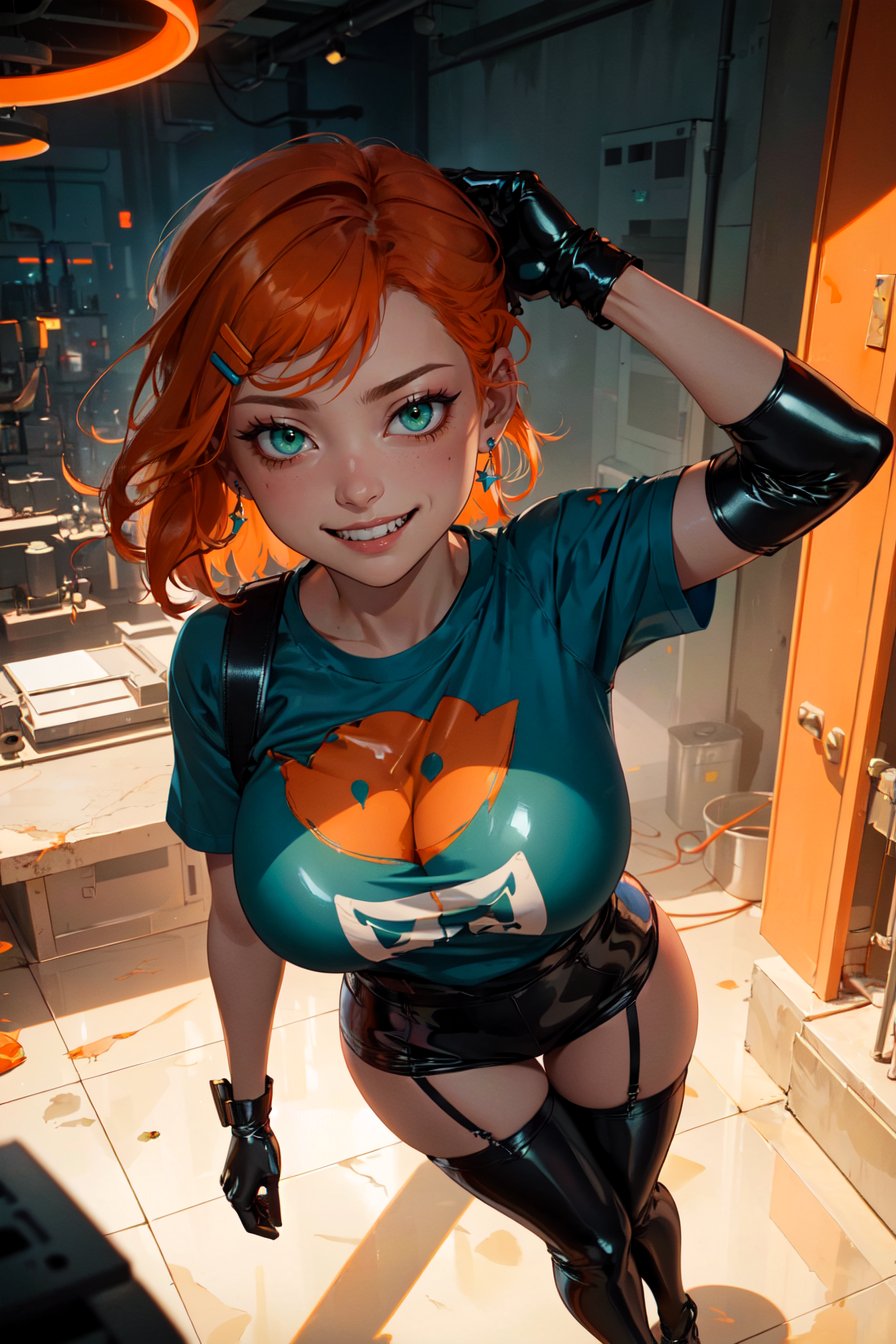 1girls, aged up, ai generated, armband, ben 10, big breasts, black gloves, black thighhighs, breasts, female, garter straps, gloves, green eyes, gwen tennyson, hairclip, indoors, looking at viewer, orange hair, sarella, short hair, smile, solo, thighhighs