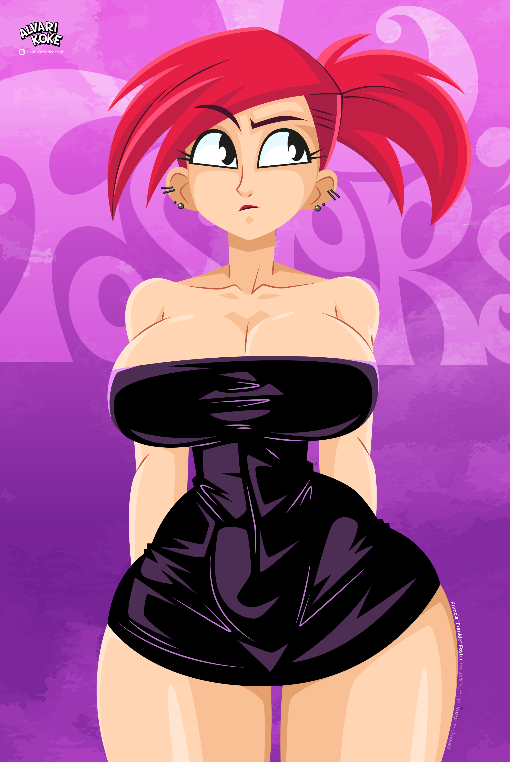 1girls, alvarikokearte, big breasts, black dress, black eyes, breasts, cleavage, dress, ear piercing, earrings, female, female only, foster's home for imaginary friends, frankie foster, hair, hips, huge breasts, mature, mature female, red hair, short dress, solo, solo female, thighs, thin waist, thunder thighs, tight dress, wide hips