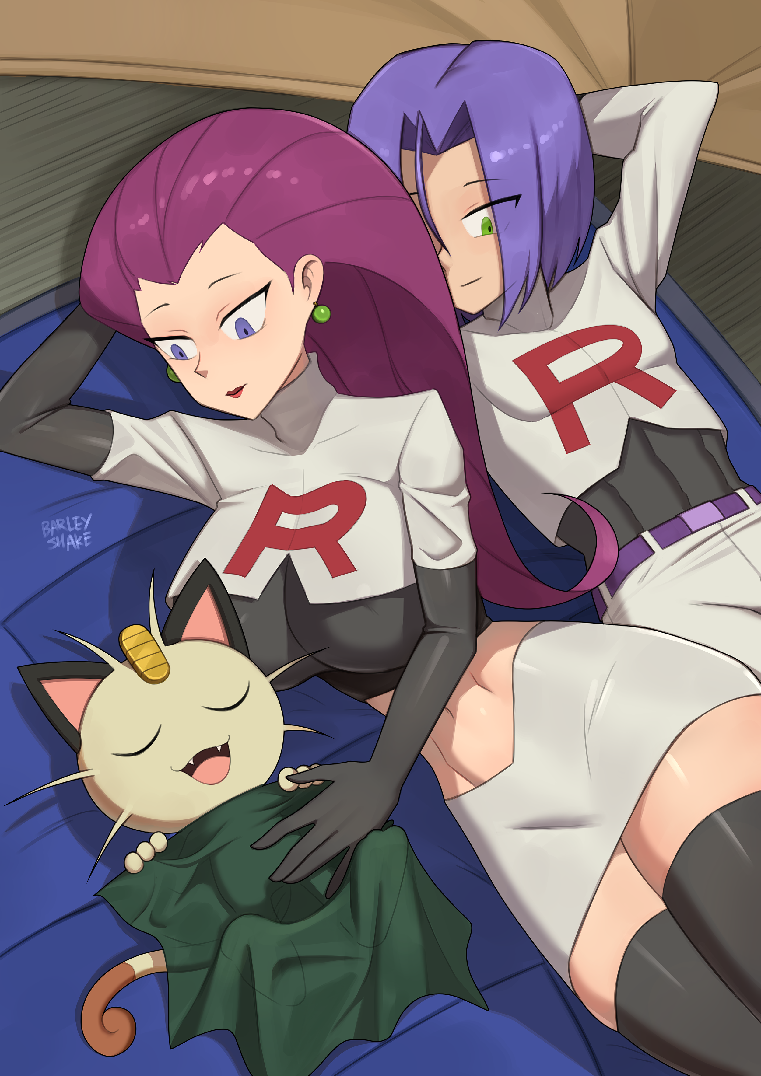 1boy, 1girls, barleyshake, female, james (pokemon), jessie (pokemon), male, meowth, nintendo, pokemon