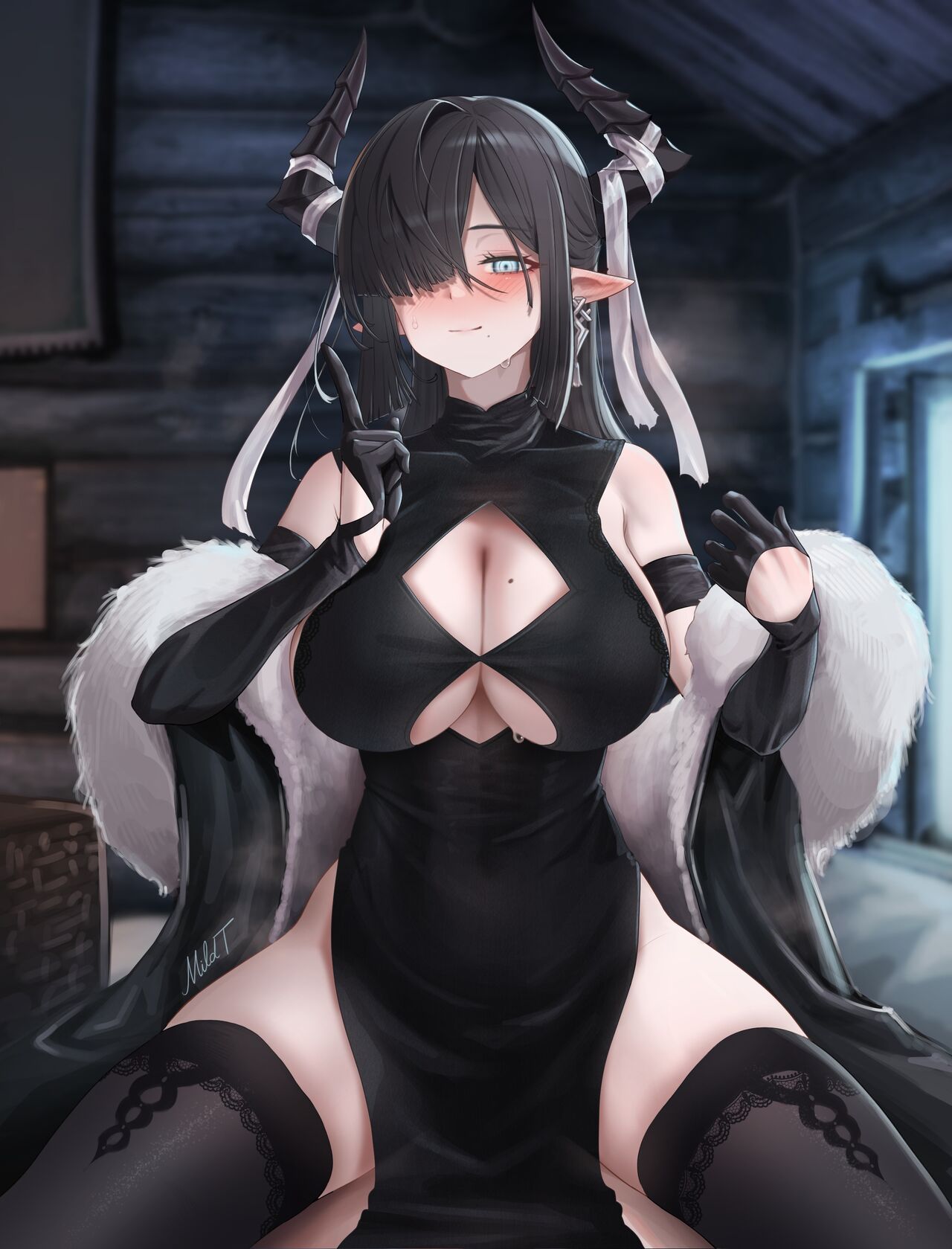 1boy 1girls 2024 arknights artist_name artist_signature bare_shoulders belly belly_button big_breasts blue_eyes blush breasts cowgirl_position gloves hi_res horns legs_apart light-skinned_female light_skin looking_at_viewer midriff mildt pointy_ears qalaisa sarkaz smile spread_legs sweat thighhighs thighs