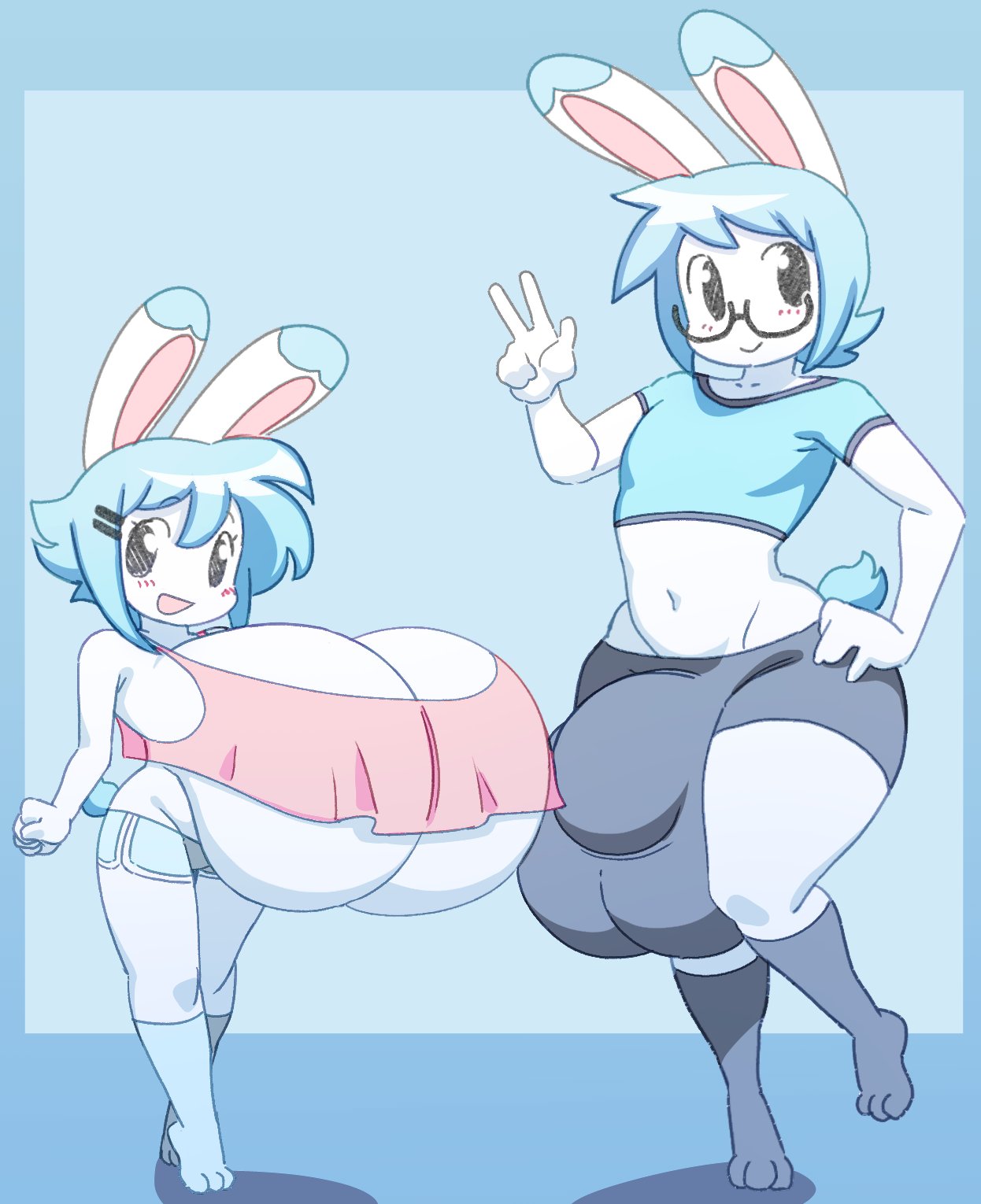 1boy 1girls angstrom anthro barely_clothed blue_hair blush body_swap boob_window breasts_bigger_than_head brother_and_sister bulge bulge_through_clothing bunny_ears casual casual_nudity clothed crop_top cub female furry glasses hand_on_hip huge_breasts hyper hyper_breasts hyper_bulge hyper_penis kneesocks marco_(angstrom) midriff molly_(angstrom) navel no_bra peace_sign rabbit rule_63 shorts shortstack siblings size_difference small_but_busty stretched_clothing top_heavy underboob white_fur