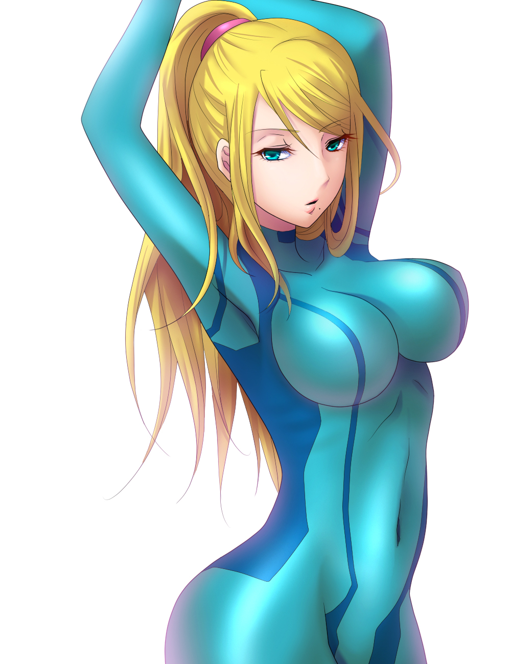 blonde hair, blue eyes, bodysuit, breasts, color, female, female only, fully clothed, hair, human, jpeg, metroid, navel, nintendo, ponytail, samus aran, shiny clothes, simple background, solo, standing, tied hair, tight clothing, white background, zero suit, zero suit samus