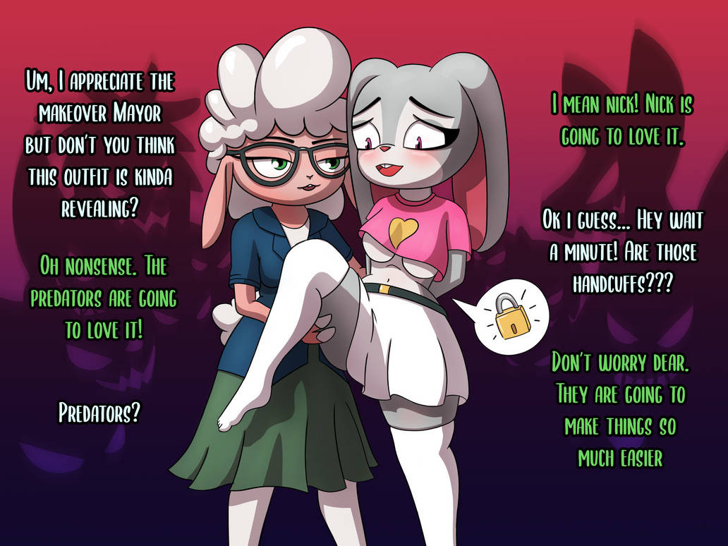 2022 2girls 4:3 anthro belt blush bottomwear bound bovid buckteeth caprine clothing dawn_bellwether dialogue digital_media_(artwork) disney duo english_text eyewear female fingers fur glasses green_eyes grey_body half-closed_eyes hooved_fingers hooves judy_hopps lagomorph legwear leporid lock mammal narrowed_eyes open_mouth open_smile pink_body purple_eyes rabbit resonatingdiscord sheep skirt smile stockings teeth text wool_(fur) zootopia