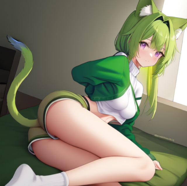 ai_generated cat_ears cat_tail catgirl clothed clothing female female_only green_hair laying_down medium_ass medium_thighs oc original original_character small_breasts white_skin