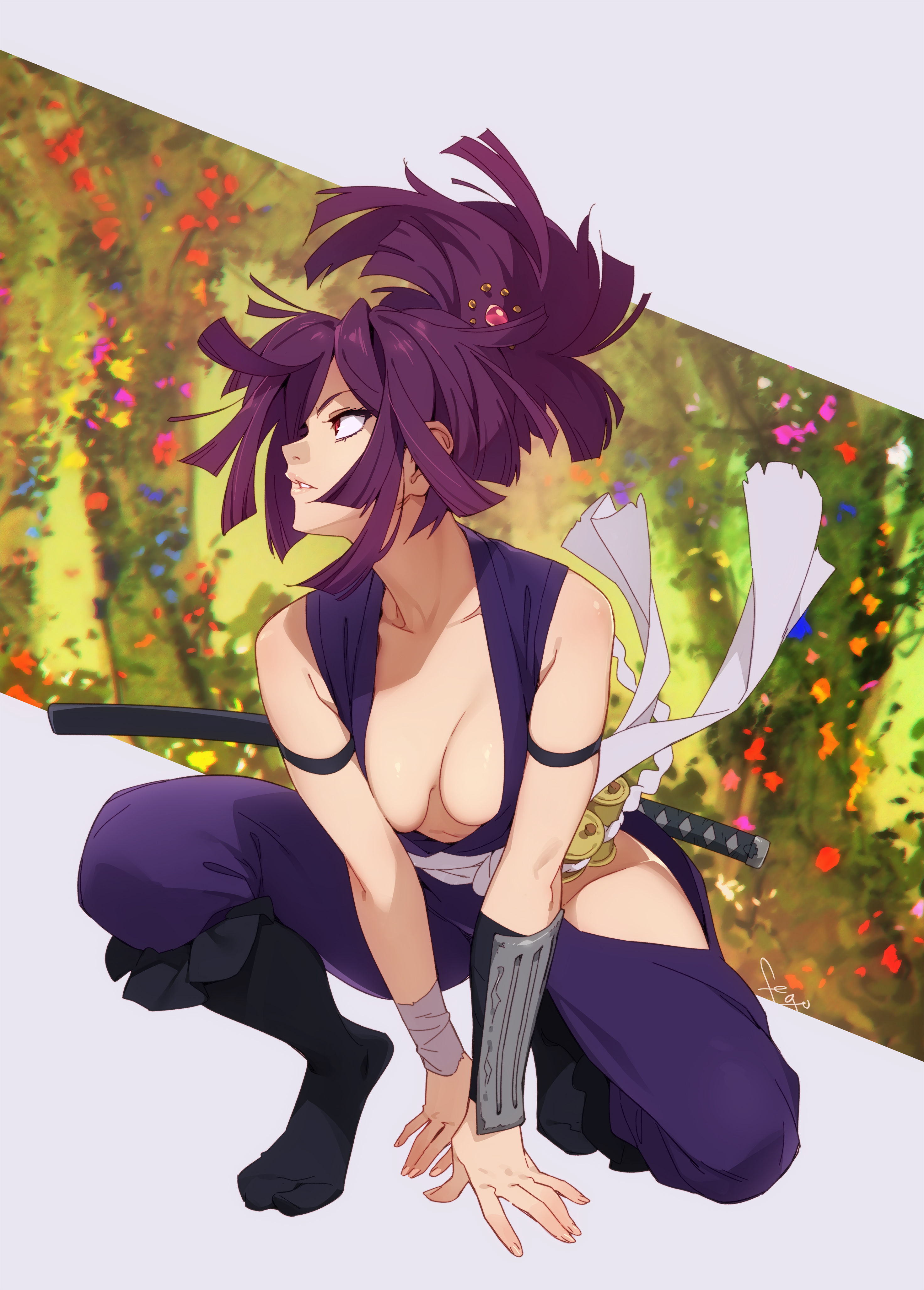 1girls, 2024, 2d, 2d (artwork), all fours, armband, armguard, bare arms, bare shoulders, breast press, breasts, breasts apart, center opening, cleavage, clothed, clothed female, clothing, facing away, feguimel, female, female only, forest, full body, hands on floor, hip vent, human, human female, human only, japanese clothes, jigokuraku, katana, kneeling, kunoichi, light skin, light-skinned female, looking away, looking to the side, medium breasts, ninja, no bra, no sex, not ai generated, on one knee, outdoors, outside, ponytail, purple eyes, purple hair, questionable, realistic breast size, red eyes, revealing clothes, robe, sleeveless, solo, solo female, squatting, sword, weapon, yuzuriha (jigokuraku)