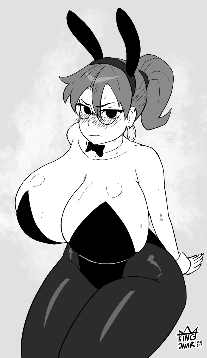 1girls bare_shoulders blush bunny_ears bunnysuit earrings female glasses hoop_earrings huge_breasts julie_powers kingjnar looking_at_viewer monochrome ponytail scott_pilgrim short_hair solo solo_female sweat thick_thighs