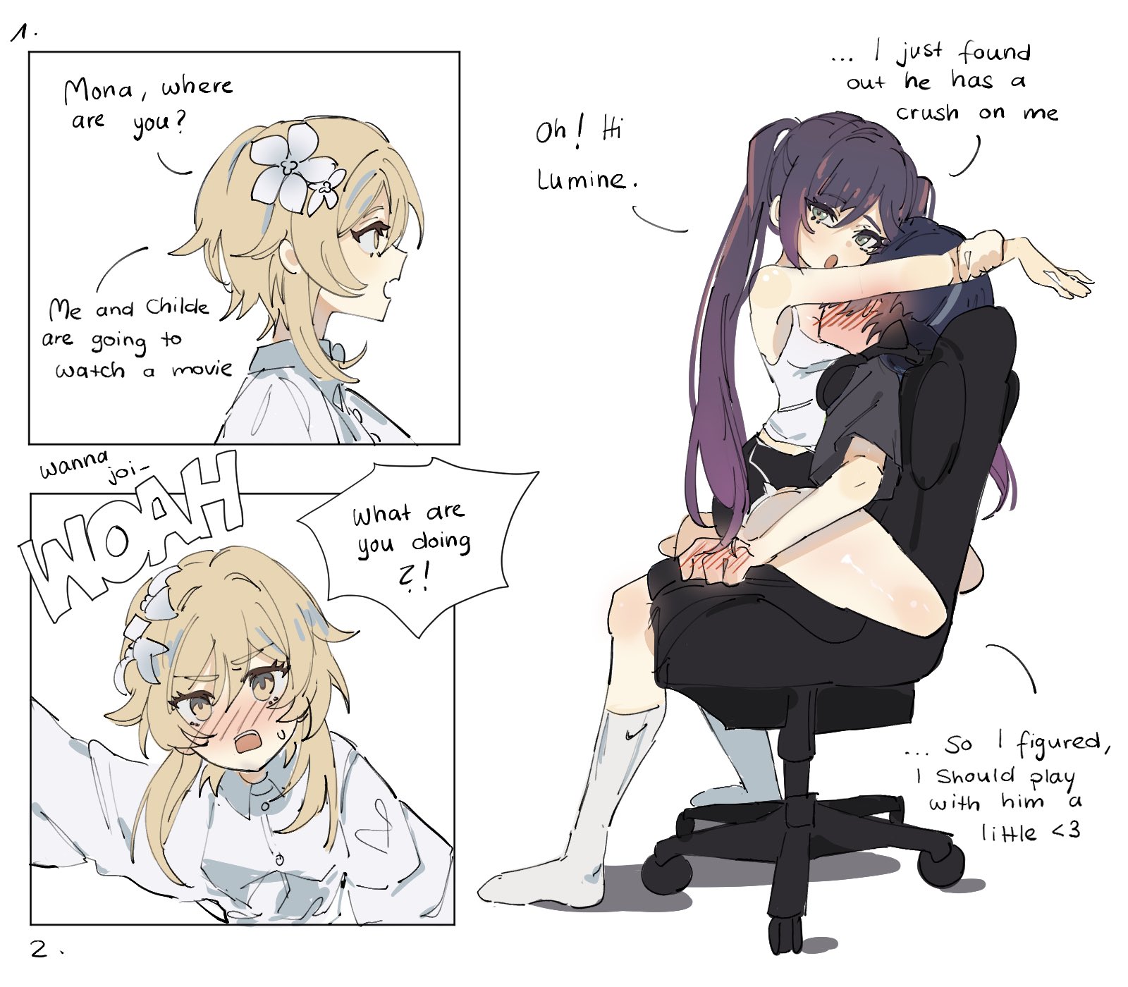1boy, 2girls, assertive female, blush, chair, childe (genshin impact), comic, english text, female, female dominating male, female on top, femdom, genshin impact, lumine (genshin impact), male, mona (genshin impact), multiple females, multiple girls, on lap, scaramouche (genshin impact), sitting, sitting on lap, sitting on person, tartaglia (genshin impact), teasing, text, ysnden
