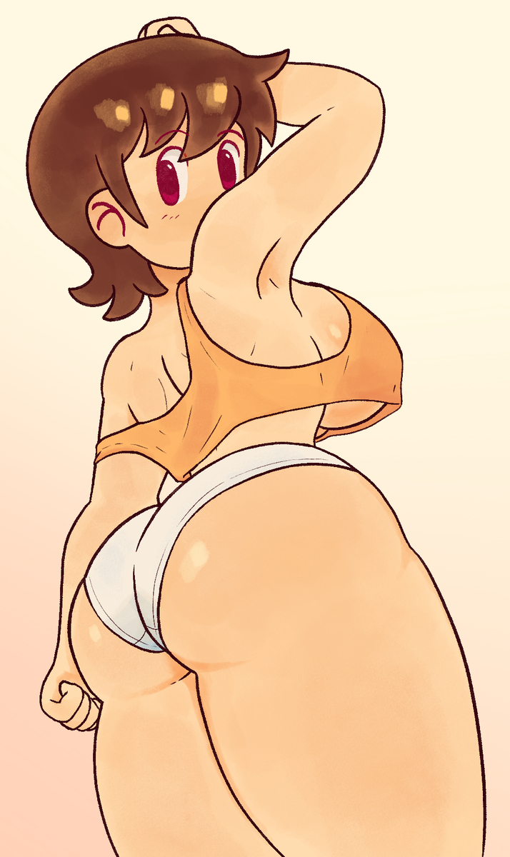 1girls aged_up aioi_yuuko armpit armpit_peek ass back back_view big_ass big_breasts booty_shorts brown_hair clothed clothed_female dozo_gon female hand_on_head hand_on_own_head large_breasts nichijou orange_shirt purple_eyes short_hair sideboob solo_focus thick_thighs thighs underboob