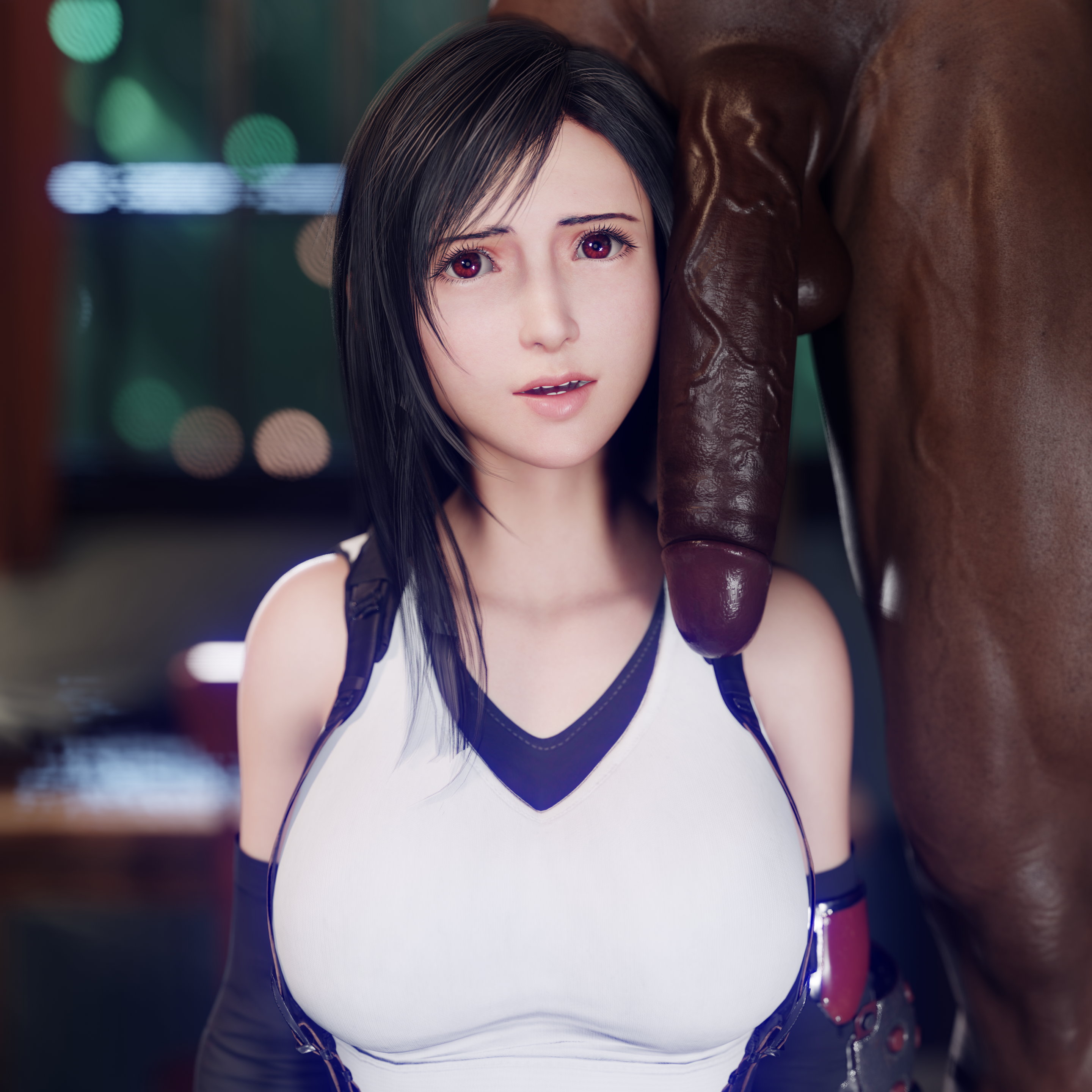 3d, big penis, cock worship, dark skin, dark-skinned male, derpderp, female, final fantasy, final fantasy vii, final fantasy vii remake, interracial, male, penis, penis awe, penis on shoulder, red eyes, tifa lockhart