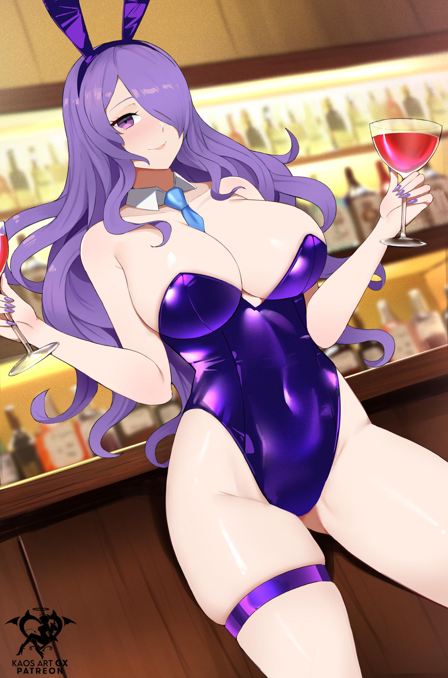 1girls, alcohol, alternate costume, animal ears, artist logo, bar (place), bare shoulders, between breasts, blue necktie, blurry, blurry background, breasts, bunny ears, bunny girl, bunnysuit, camilla (fire emblem), closed mouth, cup, detached collar, drinking glass, fake animal ears, female, female only, fire emblem, fire emblem fates, hair over one eye, hairband, highleg, highleg leotard, highres, holding, holding cup, kaos art, large breasts, leotard, long hair, necktie, necktie between breasts, nintendo, playboy bunny, purple eyes, purple hair, purple hairband, purple leotard, purple nails, rabbit ears, skindentation, smile, solo, thigh strap, thighs, wavy hair, wine glass
