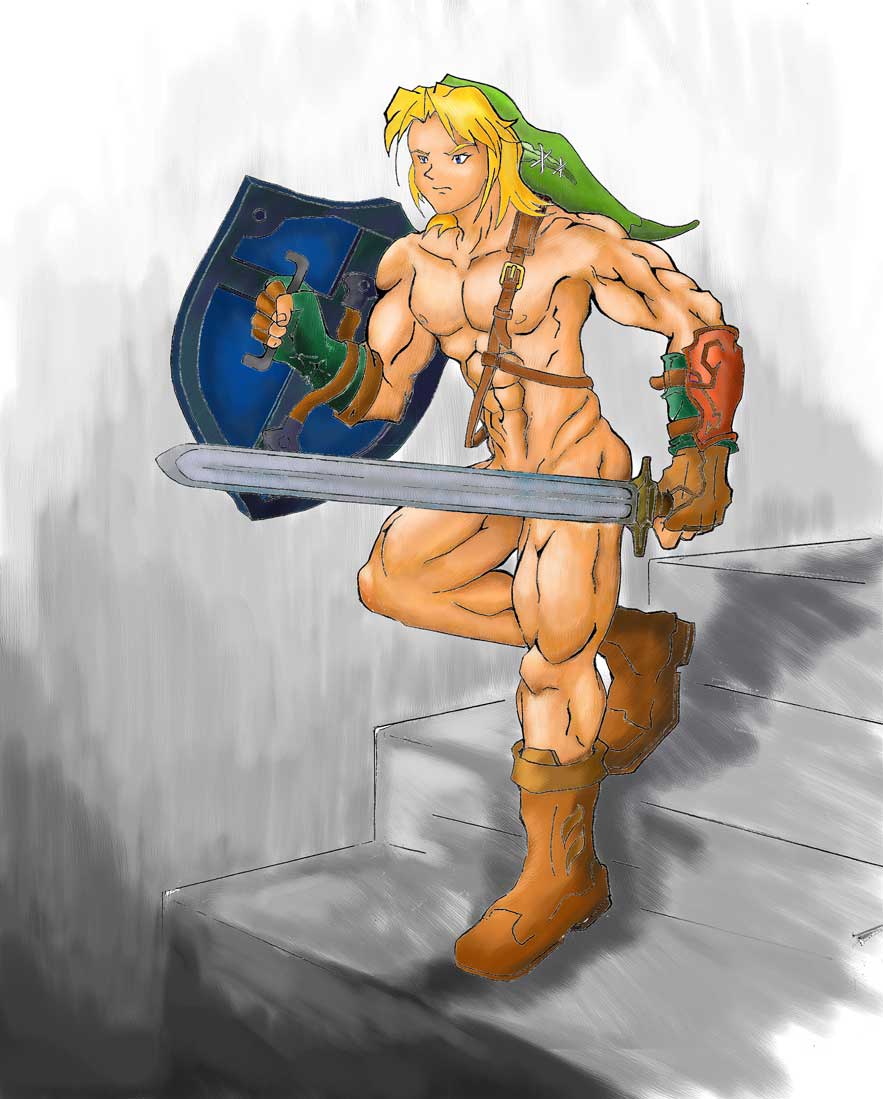 abs alternate_body_type alternate_hair_color biceps big_muscles boots hat holding_shield holding_sword hylian_shield link link_(twilight_princess) male male_only master_sword mostly_nude muscles pecs serratus_anterior smooth_skin solo stairs tagme the_legend_of_zelda twilight_princess walking