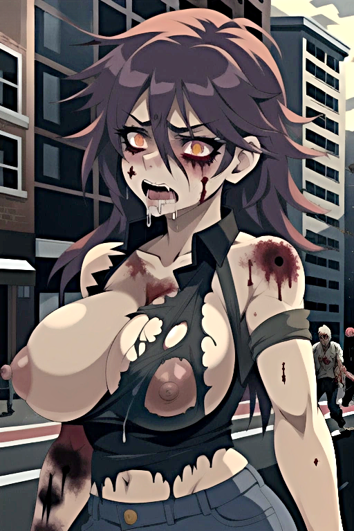 1girls ai_generated big_breasts blood breasts brown_hair city clothed clothed_female destroyed_clothing drool_on_face drool_string drooling female jfxjxf long_hair messy_hair nipples open_mouth pale-skinned_female pale_skin ripped_clothing undead wounds yellow_eyes zombie zombie_girl zombies