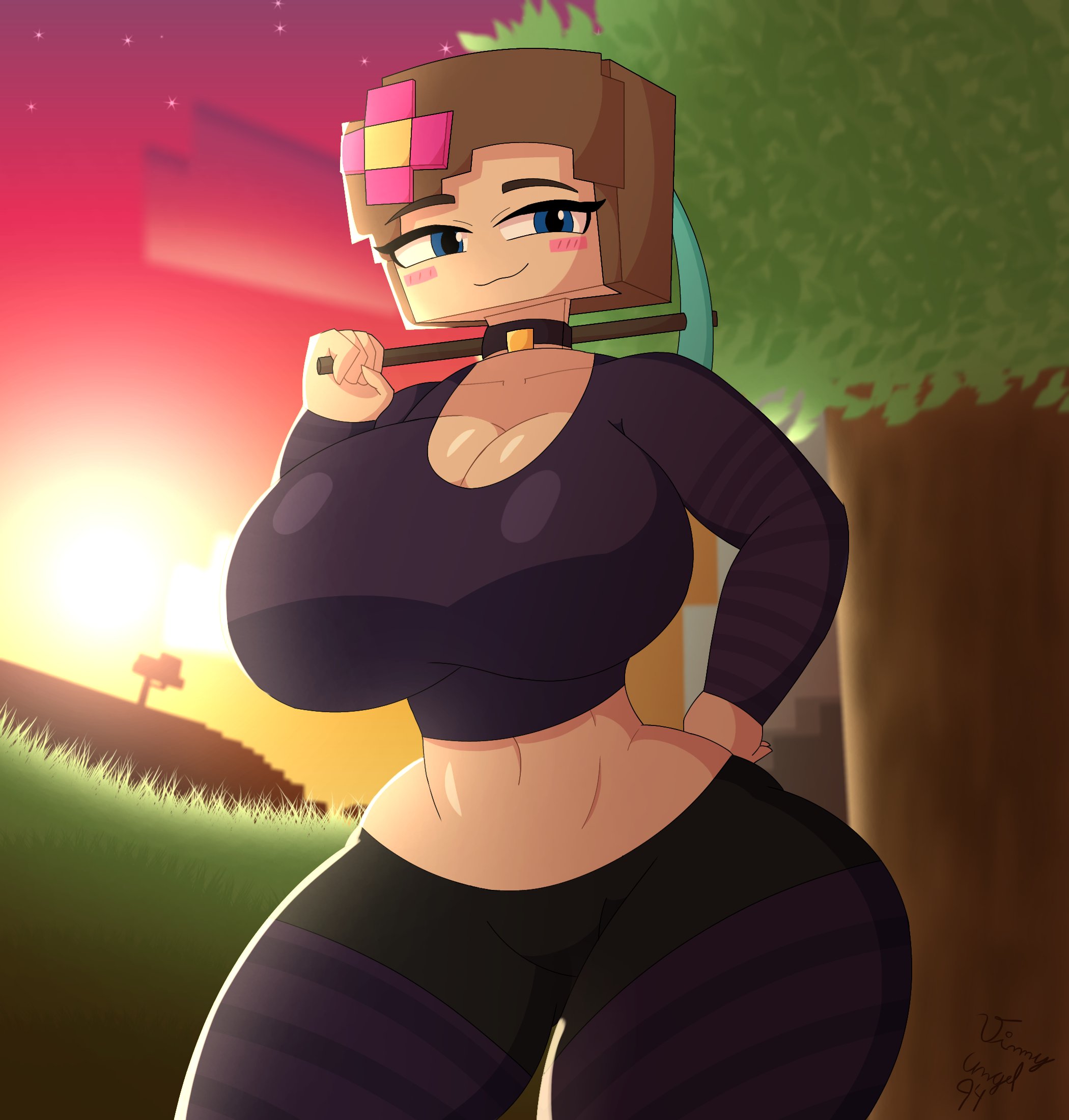 1girls, ass, big ass, big breasts, blush, breasts, female, female only, jenny belle (slipperyt), light skin, light-skinned female, minecraft, pale skin, pale-skinned female, solo, striped legwear, watermark, wide hips
