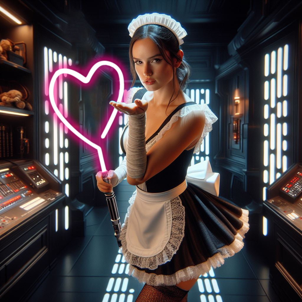 1girls, ai generated, athletic, athletic female, blowing kiss, breasts, brown hair, brunette hair, daisy ridley, female, female only, human, human only, light skin, light-skinned female, maid apron, maid outfit, maid uniform, perky breasts, realistic, rey, solo female, solo focus, star wars