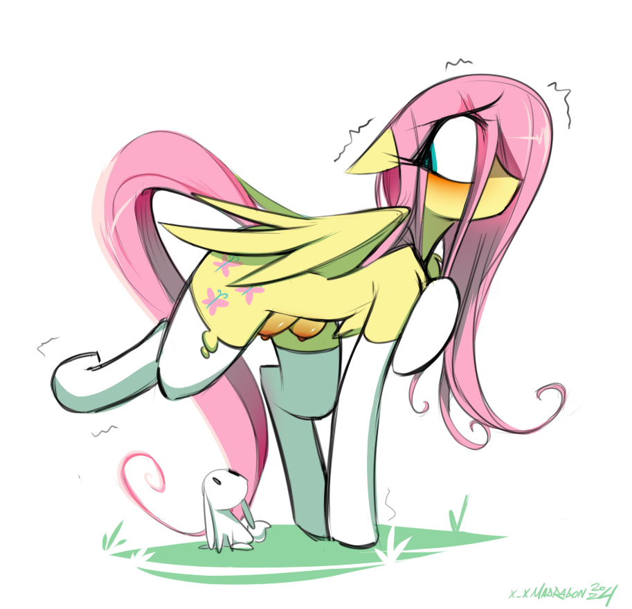 angel_bunny animal blush clothes crotchboobs cute embarrassed female floppy_ears fluttershy_(mlp) g4 grass looking_back madragon mare mlp my_little_pony nipples nudity pegasus pony rabbit ripped_stockings shivering shyabetes simple_background solo solo_female solo_focus standing stockings thigh_highs torn_clothes trembling white_background white_stockings