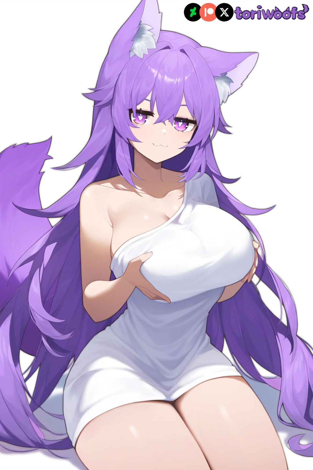 1girls ai_generated big_breasts breast_grab breasts curvy cute dog_ears dog_girl doggirl dress female female_focus female_only highres hips huge_boobs huge_breasts kemonomimi light_skin light_skinned_female long_hair patreon_username petgirl petite purple_ears purple_eyes purple_hair purple_tail sitting thick_thighs thighs tori toriwoofs watermark wavy_hair white_background wide_hips wolf_ears