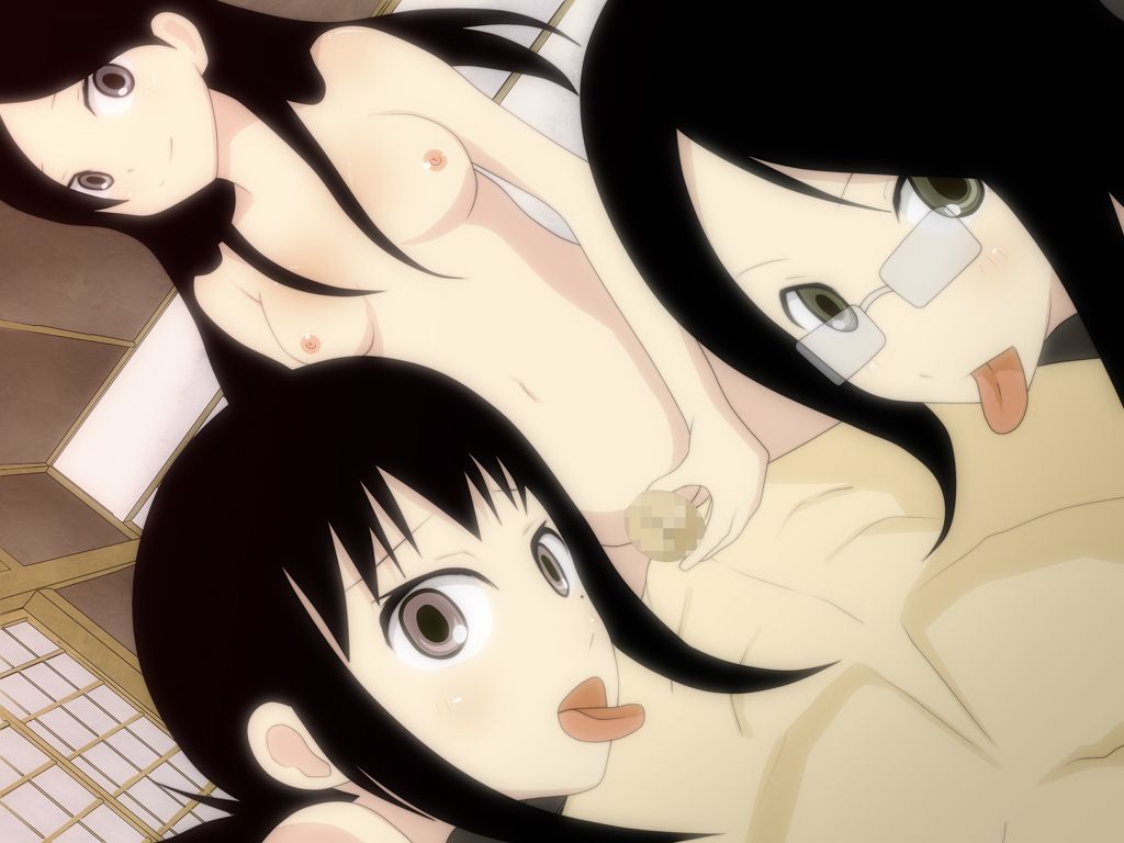 3girls artist_request black_hair breasts censored cowgirl_position fujiyoshi_harumi glasses grinding kaga_ai kitsu_chiri licking long_hair mosaic_censoring multiple_girls nipples nude outercourse penis sayonara_zetsubou_sensei short_hair straddle sweat tongue tongue_out