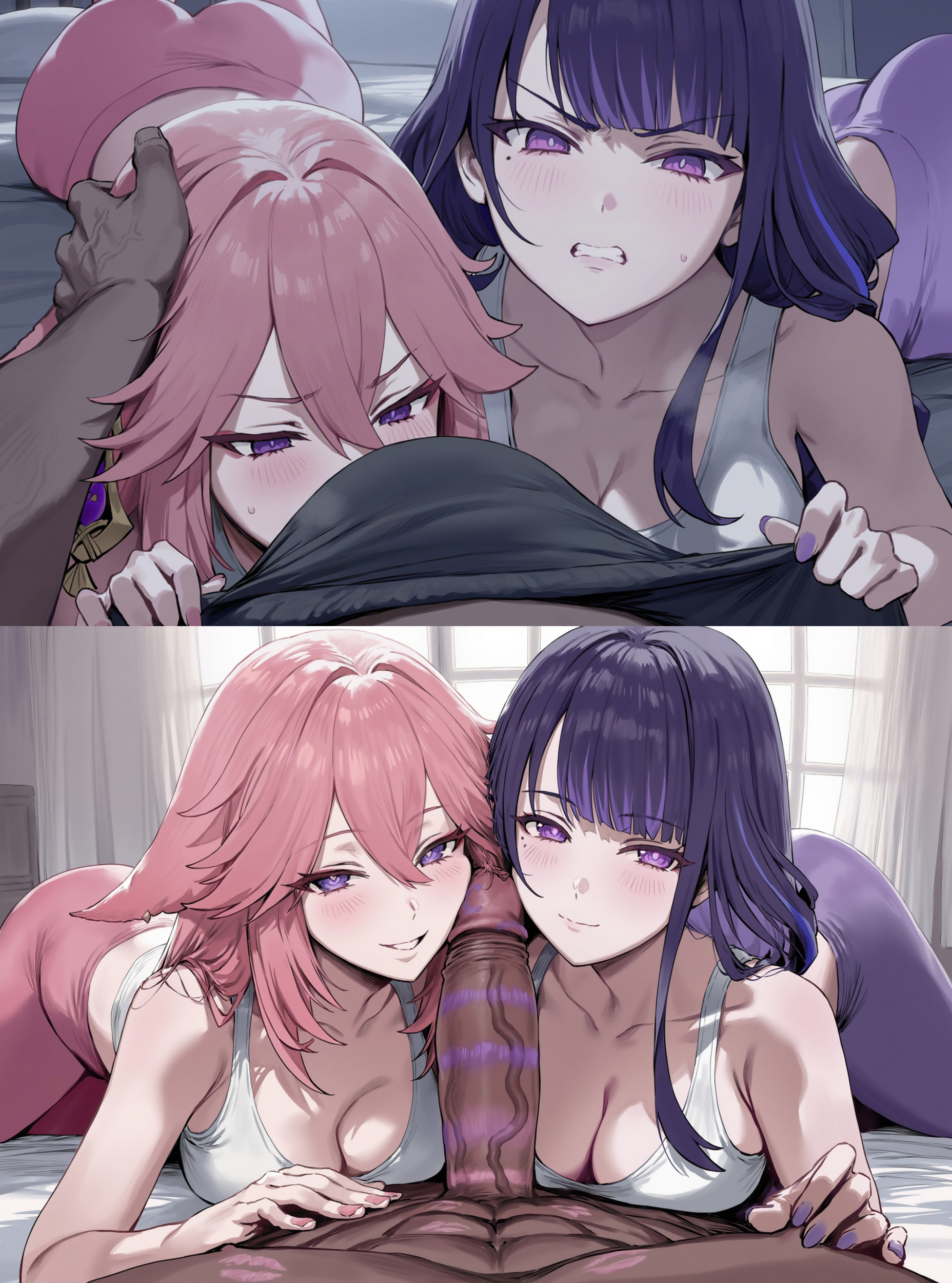 1boy, 2girls, ai generated, bed, bedroom, big ass, big breasts, breasts, dark-skinned male, female, genshin impact, interracial, leggings, male, multiple females, multiple girls, penis, raiden shogun, truck kun, yae miko