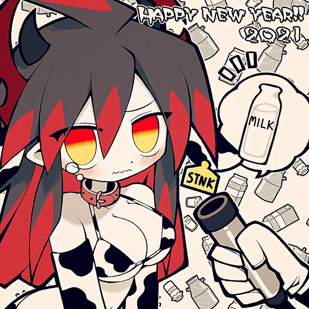 1boy armwear big_breasts black_and_red_hair blush breasts collar cow_bikini cow_ears cow_gloves demon_horns elf_ears female female_focus funamusea funamusea_(artist) gloves gray_background horns ivlin ivlis milk new_year_2021 satanick suction_device tagme tears the_gray_garden yellow_eyes