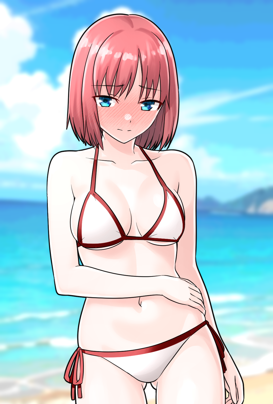 beach bikini blue_eyes blue_sky blurry blurry_background breasts day embarrassed female furaggu_(frag_0416) highres hisui_(tsukihime) medium_breasts navel ocean outdoors red_hair short_hair side-tie_bikini_bottom sky solo swimsuit tsukihime white_bikini