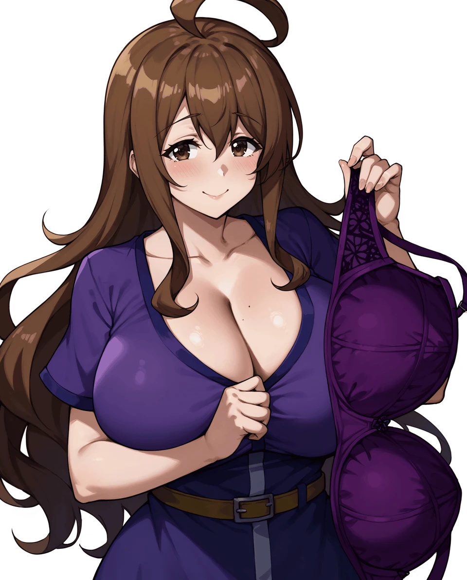 ai_generated blush bra brown_eyes brown_hair gigantic_breasts hair_over_one_eye holding_bra huge_bra huge_breasts kono_subarashii_sekai_ni_shukufuku_wo! light-skinned_female light_skin long_hair looking_at_viewer massive_breasts mature_female milf mommy smiling solo_female unartist very_long_hair voluptuous voluptuous_female wiz_(konosuba)