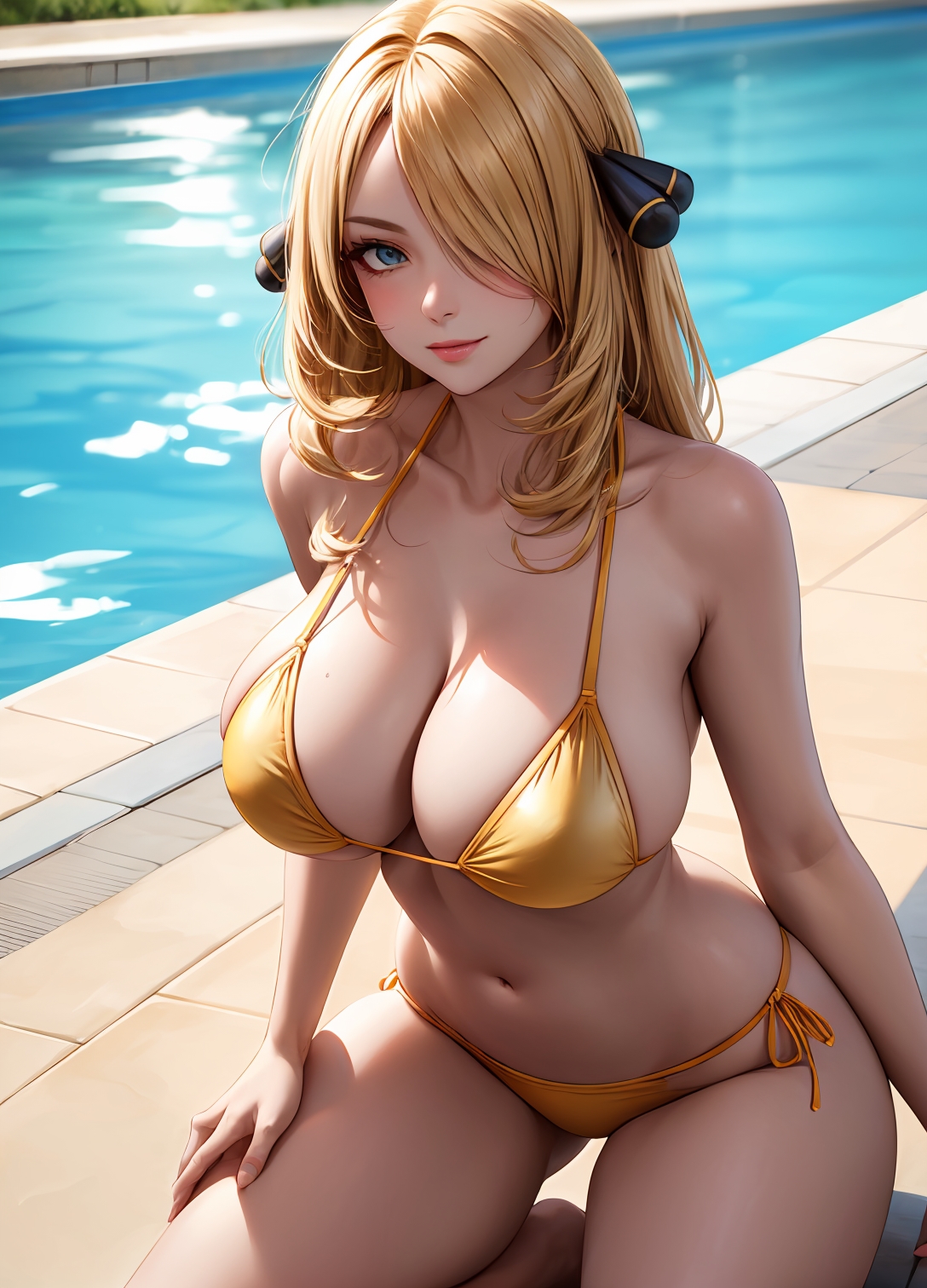 1girls, 2d, ai generated, athletic, athletic female, bare shoulders, belly, big breasts, bikini, bikini bottom, bikini top, blonde hair, breasts, breasts bigger than head, breasts out, chest, creatures (company), curvy, curvy figure, cute, cute face, cynthia (pokemon), detailed, eyelashes, eyeshadow, female, female only, fit, fit female, focus, game freak, grey eyes, high quality, huge breasts, large breasts, legs, light skin, light-skinned female, lips, lipstick, looking at viewer, makeup, mascara, mature, mature female, midriff, milf, mother, naked, navel, nintendo, nipples, nude, pale skin, pale-skinned female, pokemon, pokemon dppt, pool, posing, seductive, seductive look, stable diffusion, standing, string bikini, tagme, thighs, topless, topless female, yellow hair