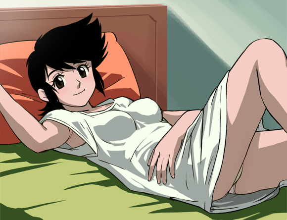 bed black_hair clothing demon_lord_dante female haruyama human lying nightshirt pale_skin panties pompadour saori_utsugi spiked_hair underwear