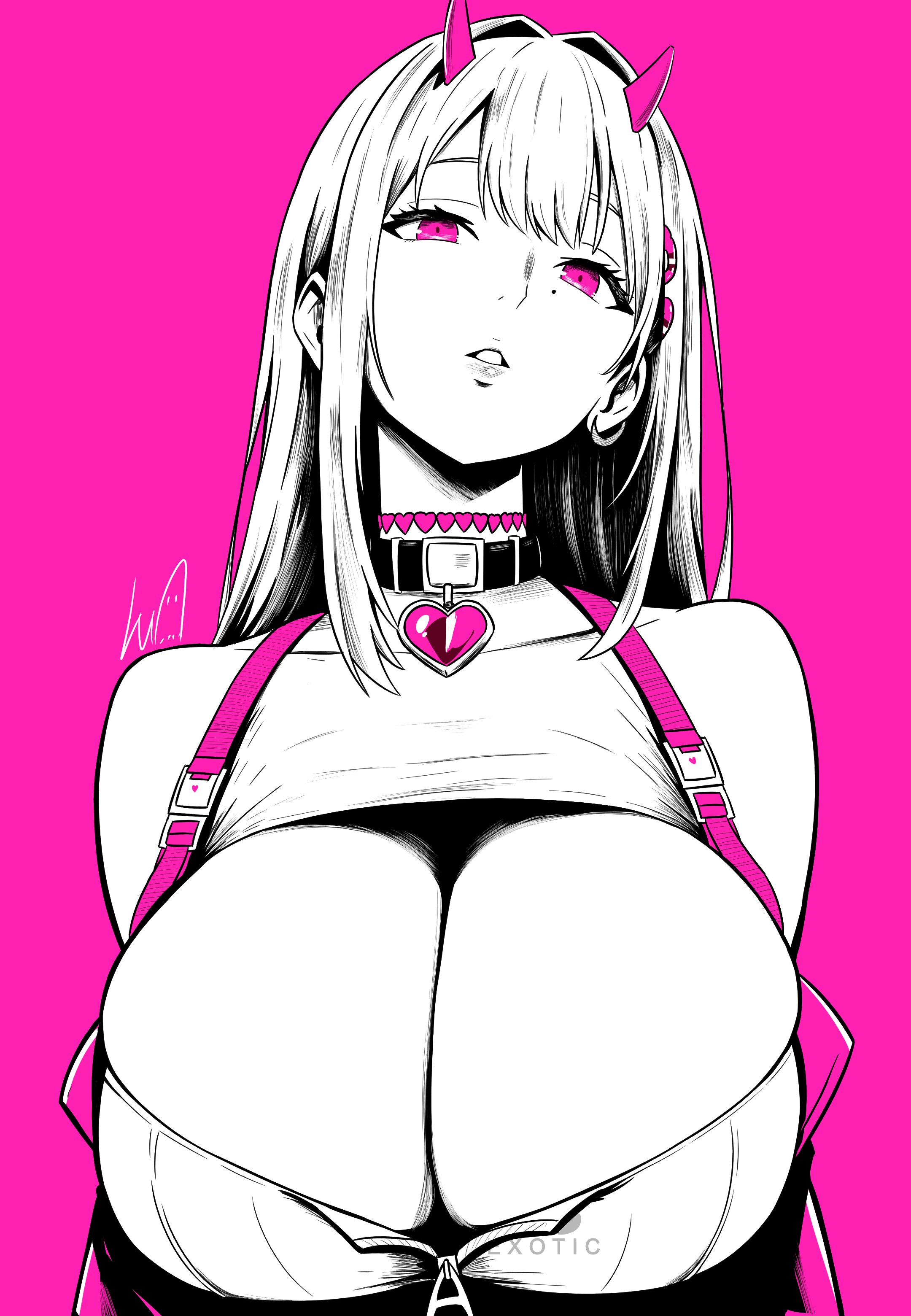 absurdres, bra, breast zipper, breasts, cleavage, collar, commentary, goddess of victory: nikke, hair ornament, heart collar, highres, horns, huge breasts, jacket, lips, long hair, looking at viewer, lughost, open clothes, open jacket, open mouth, pink background, pink eyes, pink horns, skindentation, snake hair ornament, teeth, underwear, upper body, viper (nikke)