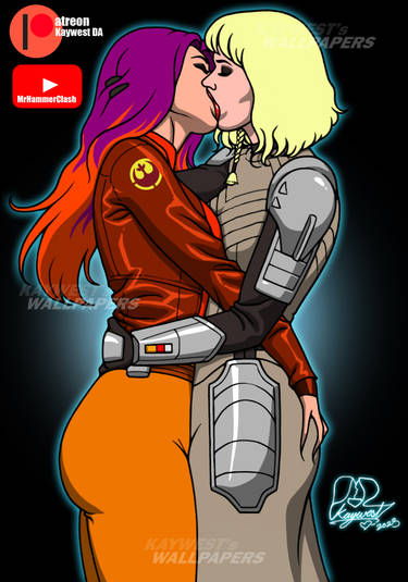 2girls ass_grab ass_squeeze big_butt clothed clothed_female clothing fully_clothed groping hand_in_hair head_grab holding jacket kaywest kissing lipstick multicolored_hair multiple_girls orange_clothing platinum_blonde_hair red_lipstick sabine_wren shin_hati side_view source_request standing star_wars star_wars:_ahsoka waist_grab yuri