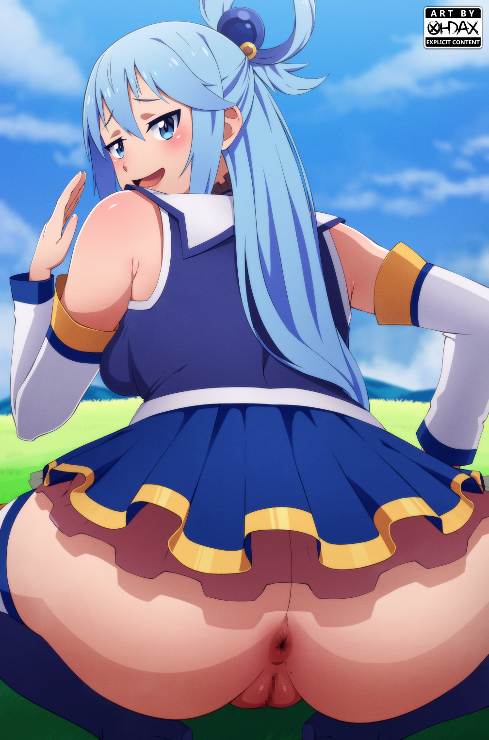 1girls anus aqua_(konosuba) asshole blue_eyes blue_hair bottomless bottomless_skirt clothed female female_only kono_subarashii_sekai_ni_shukufuku_wo! looking_at_viewer looking_back_at_viewer microskirt miniskirt no_panties ohdax pussy skirt smile smug smug_face smug_smile solo