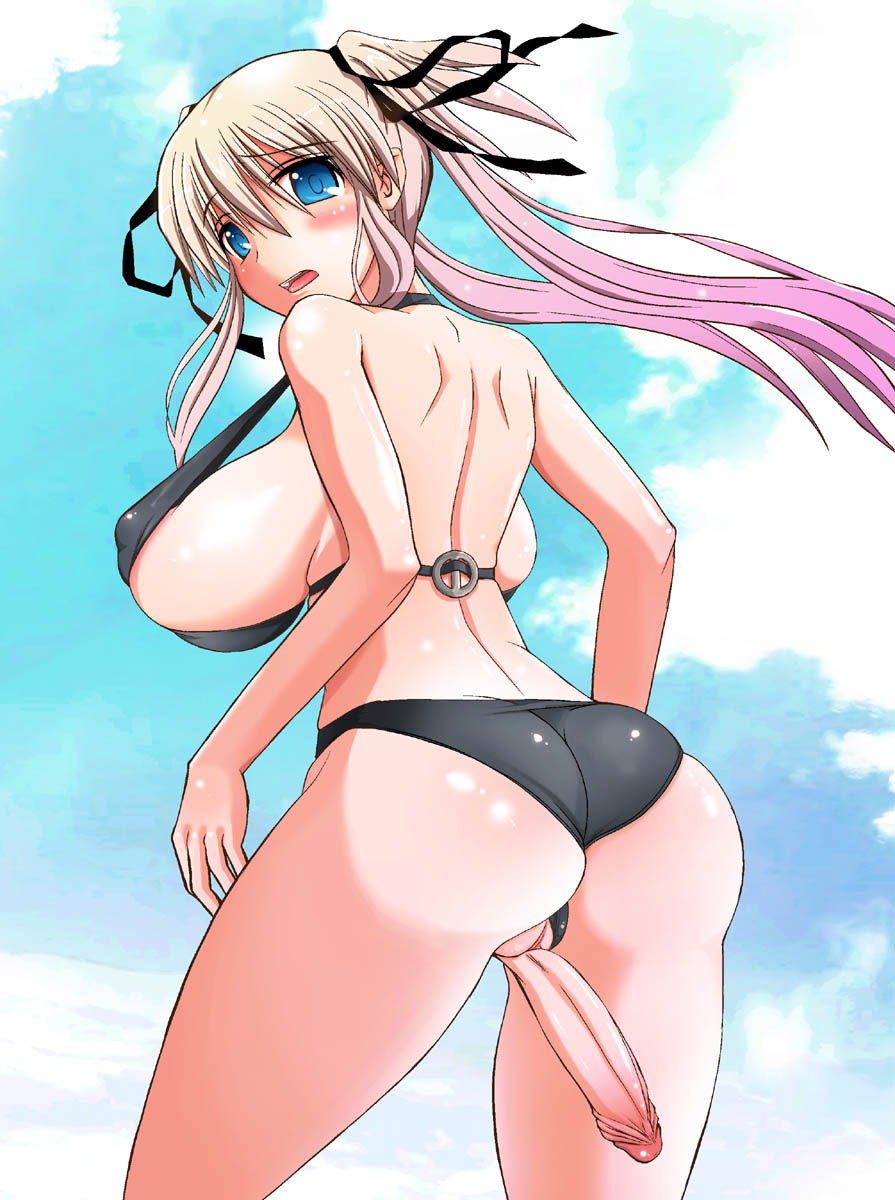 1futa blue_eyes blush breasts erect_nipples flaccid futa_only futanari highres huge_breasts intersex large_breasts mabinogi nao penis rentaichou sky solo swimsuit tied_hair twintails uncensored