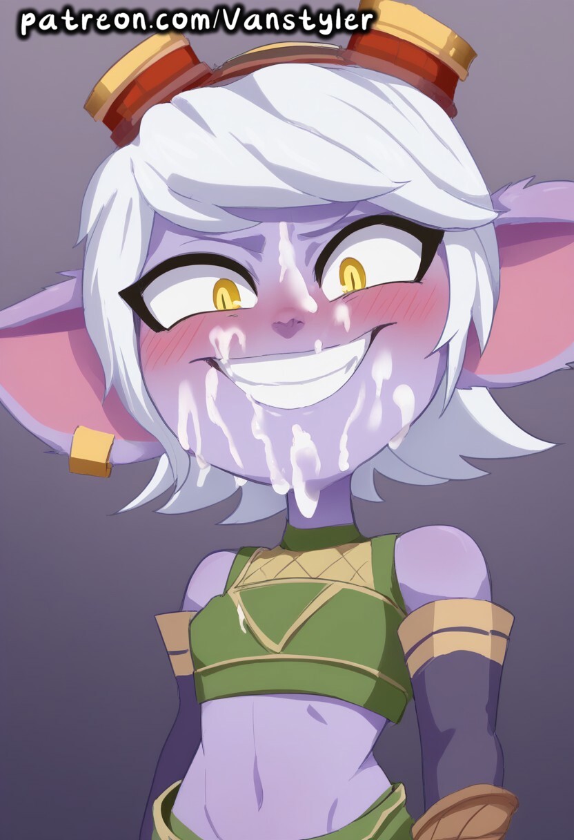 1girls ai_generated animal_ears blush breasts clothed covered_in_cum cum cum_on_face embarrassed furry gesugao goggles league_of_legends looking_at_viewer looking_pleasured patreon pierced_ears piercing purple_skin riot_games shortstack slim_waist small_breasts smaller_female smiling smiling_at_viewer solo tristana vanstyler white_hair yellow_eyes yordle