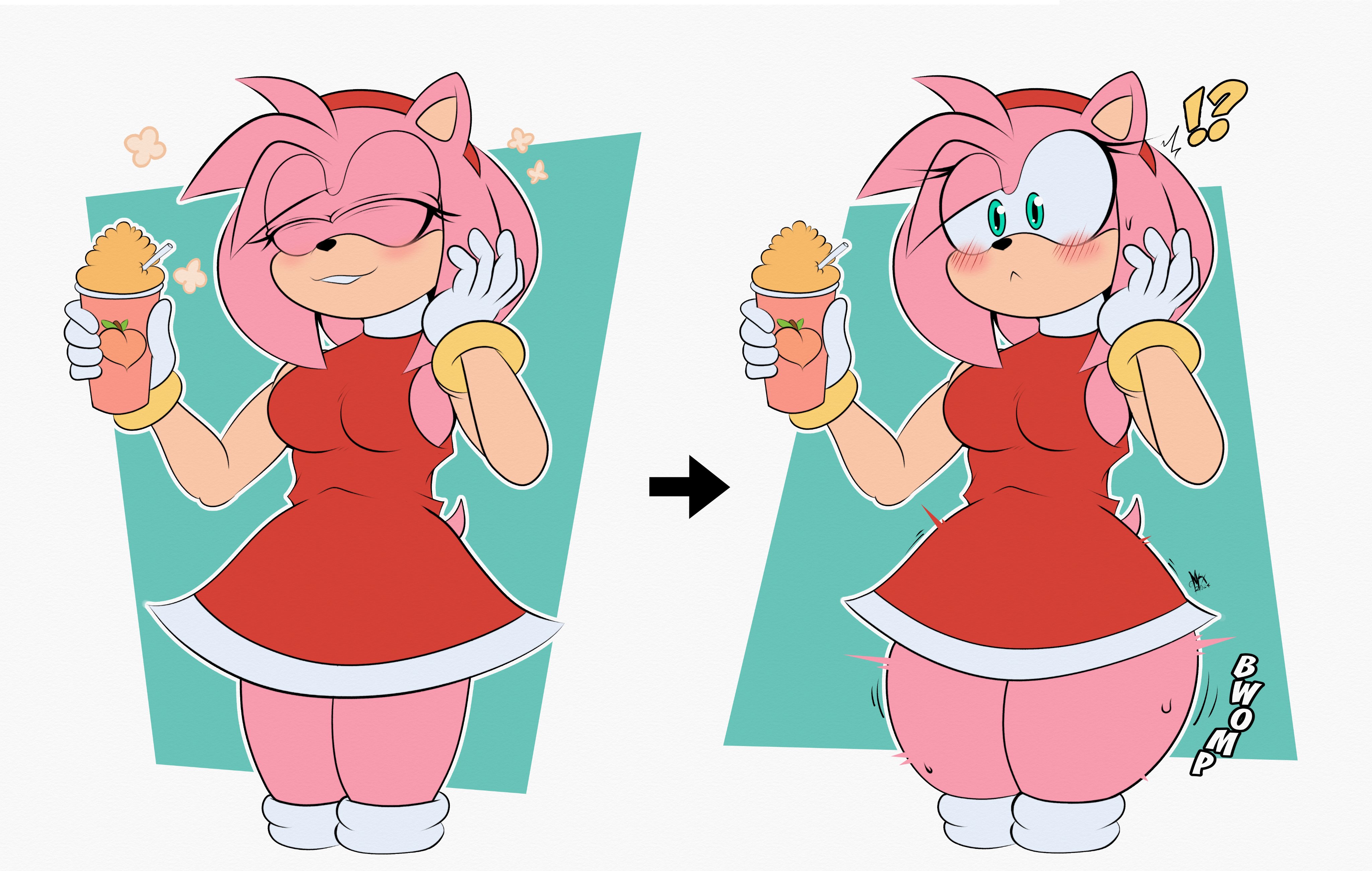 amy rose, ass expansion, before and after, female, green eyes, ice cream, mrxrickyx, red dress, sonic (series), suprised expression, tagme, thigh expansion