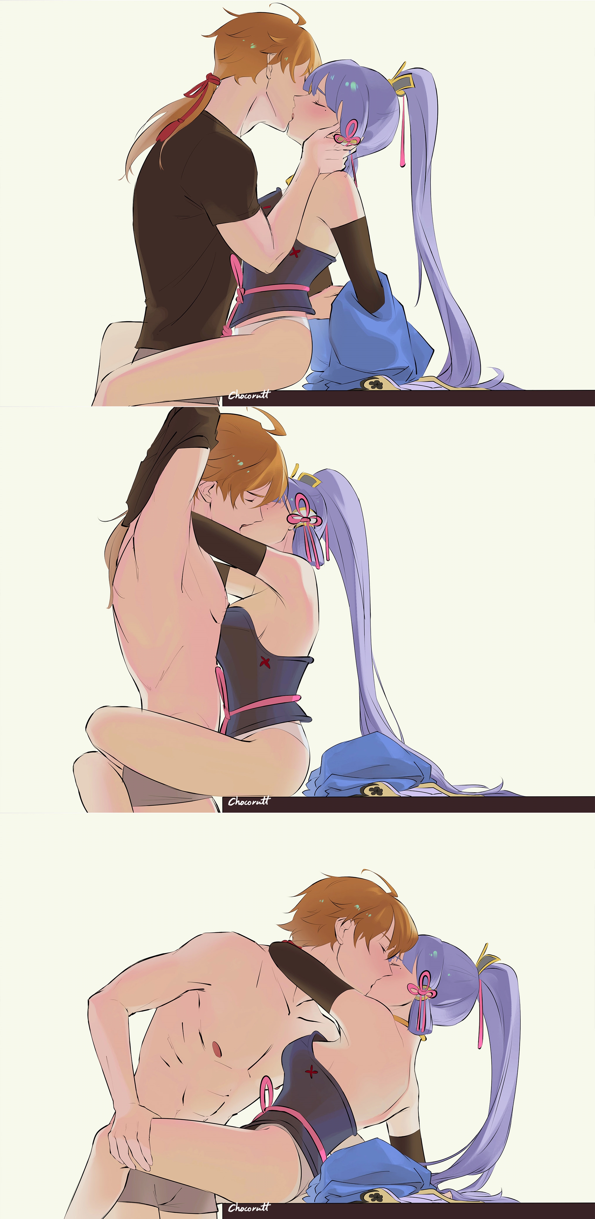 1boy, 1girls, arms around neck, blonde hair, blonde-haired male, blue hair, chocorutt, closed eyes, female, genshin impact, imminent sex, kamisato ayaka, kissing, legs around partner, long hair, making out, male, male/female, multiple images, partially clothed, passionate, passionate kiss, ponytail, romantic, romantic couple, straight, thoma (genshin impact), underwear, undressing, wholesome