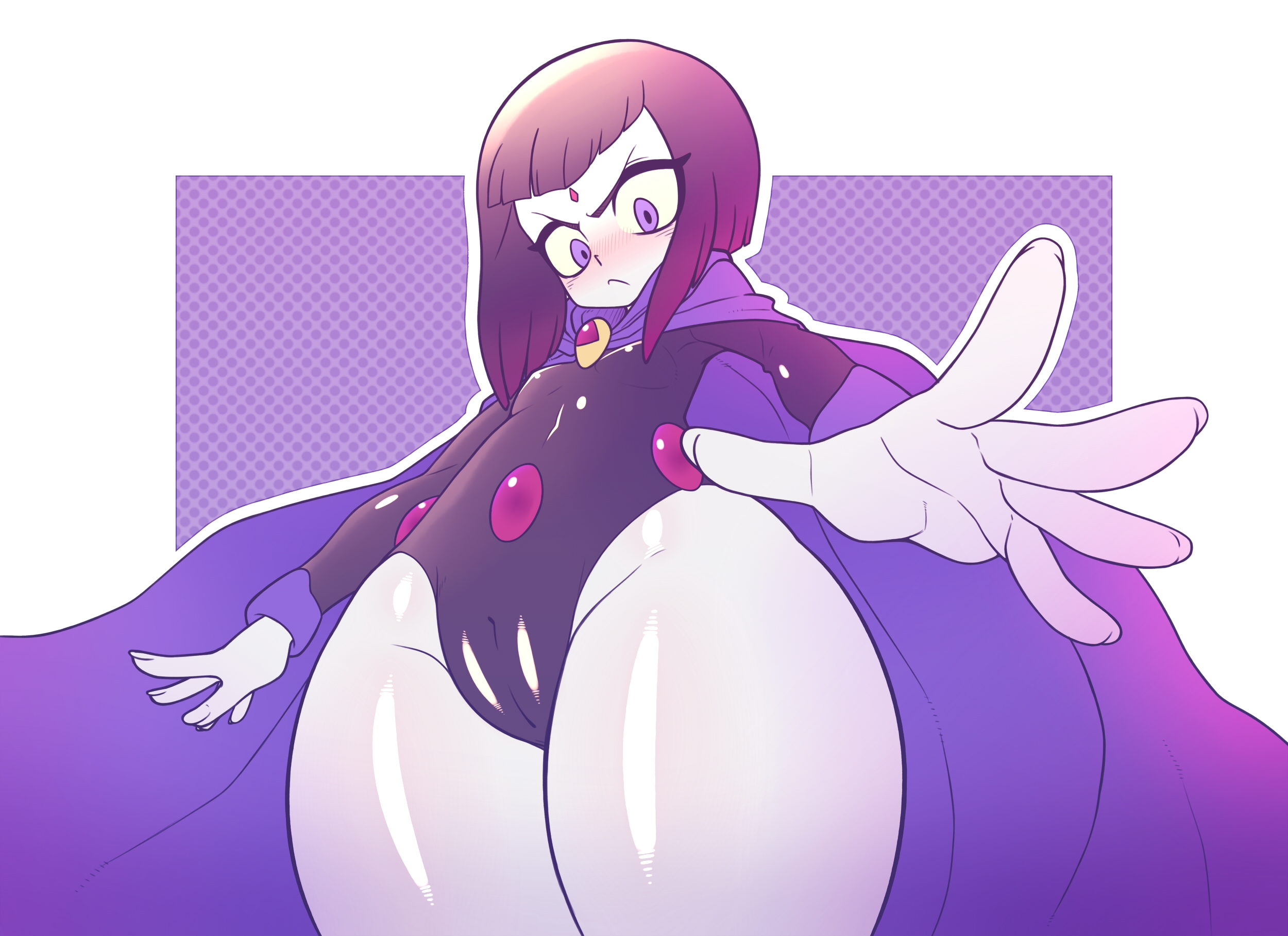 1girls, absurd res, blush, breasts, cameltoe, cartoon network, clothed, clothed female, dc, dc comics, female, female only, forehead jewel, hi res, kaikoinu, latex leotard, leotard, looking at viewer, looking down, purple eyes, purple hair, pussy, rachel roth, raven (dc), small breasts, solo, straight hair, teen titans, teen titans go, thick thighs, thighs, thunder thighs, wide hips