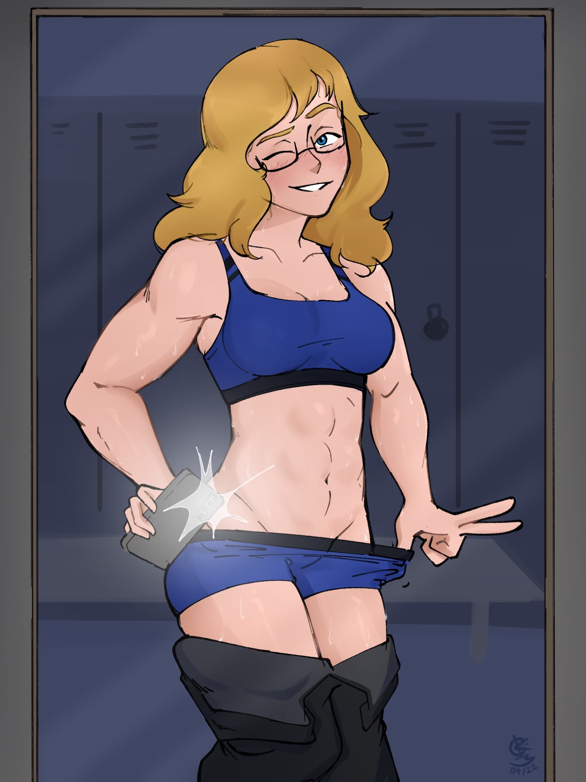 1girls 2022 after_workout aged_up artist_name artist_signature black_pants blonde_hair blue_bra blue_panties blush bra cleavage cuknite32 glasses human_only indoors iris_thompson locker_room long_hair looking_at_viewer mirror mirror_selfie mommy muscular_female pants_down phone raised_eyebrow scp scp-105 scp_foundation selfie smile suggestive_look sweat teasing underwear winking_at_viewer