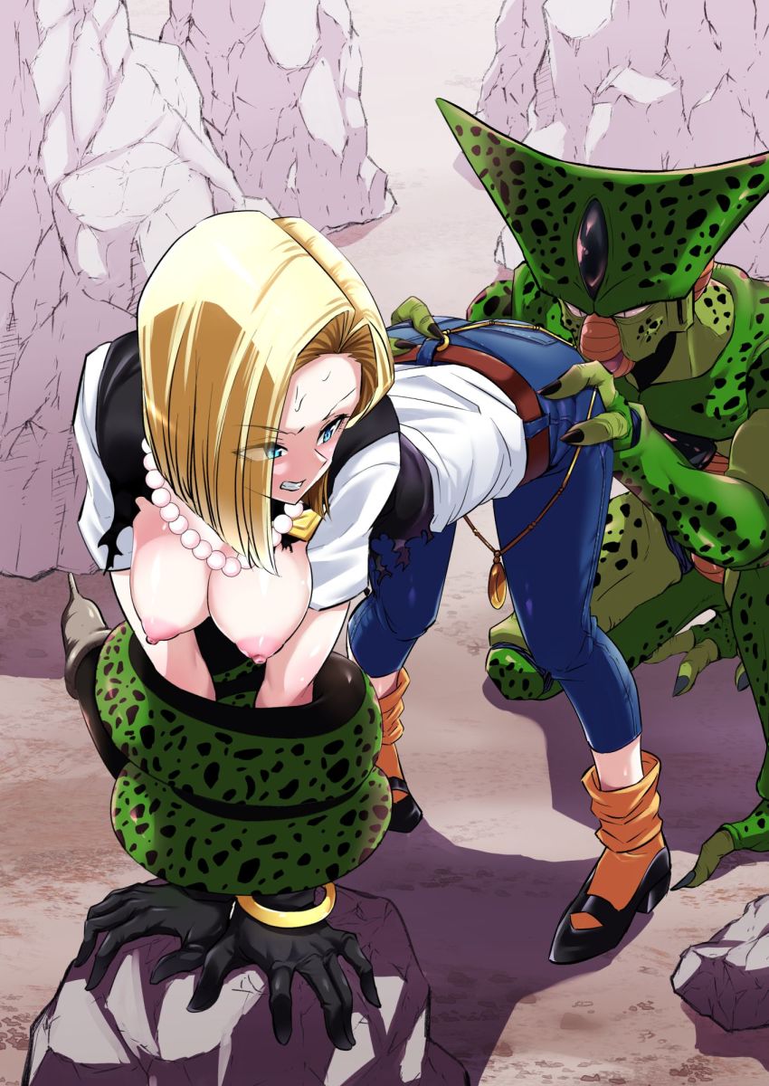 android 18, angry, areolae, ass, ass grab, bent over, blonde hair, blue eyes, blush, bob cut, breasts, breasts out, cell (dragon ball), clenched teeth, dragon ball, dragon ball z, earrings, embarrassed, feet, female, gloves, grabbing another's ass, hi res, highres, imperfect cell, jewelry, kneeling, legs, legs apart, loose socks, mary janes, medium breasts, medium hair, necklace, nipples, open mouth, outdoors, pearl necklace, rape, restrained, rock, shoes, smile, susuanpan, tail, teeth, thighs, torn clothes, v-shaped eyebrows, vest