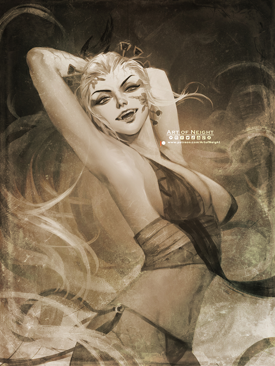 armpits, arms up, big breasts, breasts, cleavage, daki (kimetsu no yaiba), demon, demon girl, demon slayer, facial markings, fangs, female, female only, hair ornament, hands behind head, kimetsu no yaiba, lingerie, long hair, looking at viewer, monochrome, neight, obi, painting (artwork), side-tie panties, sideboob, smile, solo, very long hair