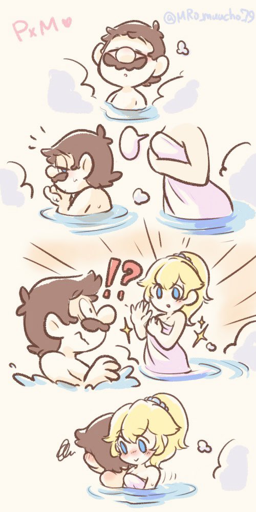 ?!, 1boy, 1girls, bath, blonde hair, blush, brown hair, cute, facial hair, female, hot spring, male, mario, mario (series), mixed bathing, moustache, nervous, nintendo, ponytail, princess peach, surprised, towel, wholesome