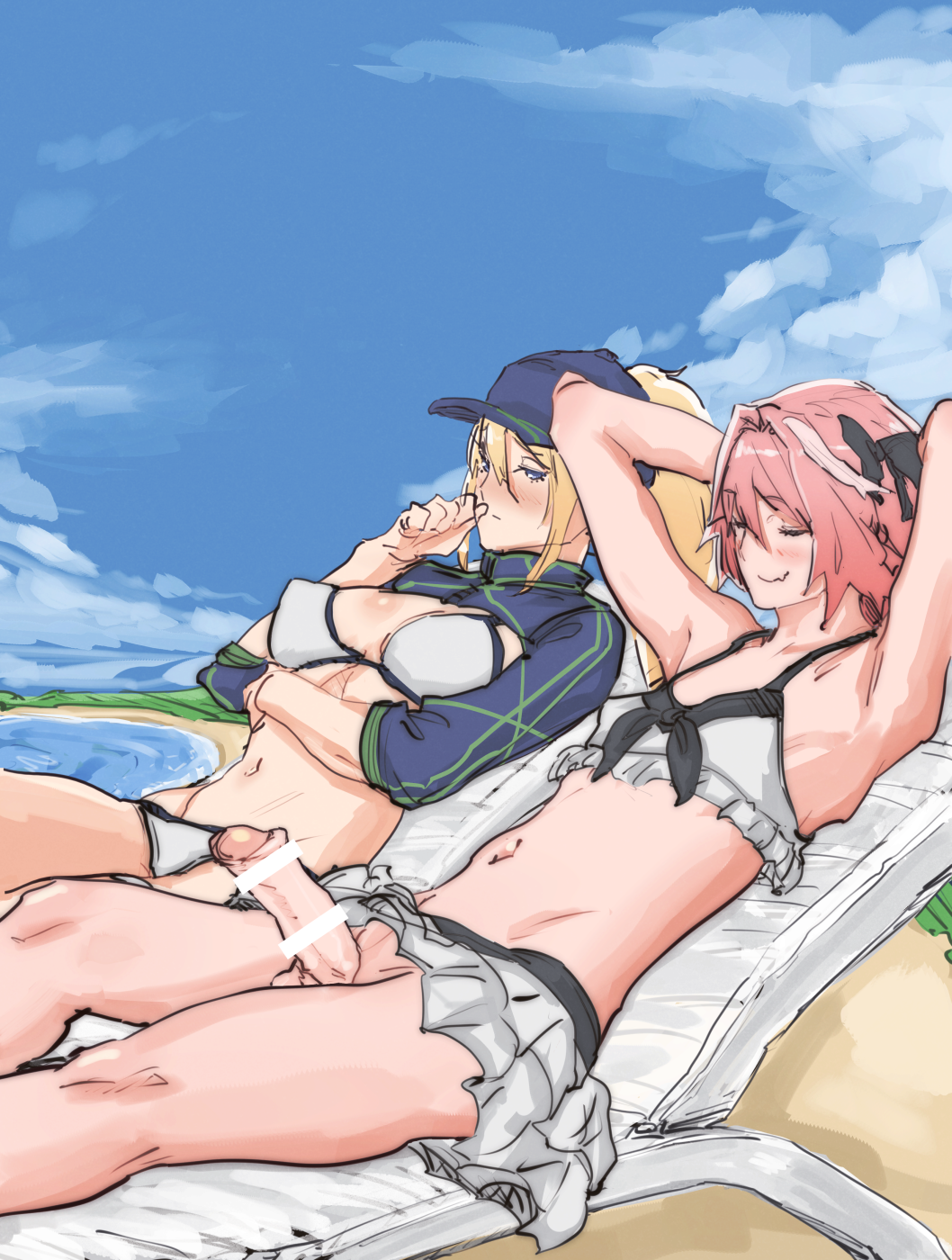 1boy 1girls ahoge amanda_kenny armpits arms_behind_head arms_up artoria_pendragon_(fate) astolfo_(fate) bangs baseball_cap beach bikini blue_headwear blue_jacket blue_sky blush braid breasts closed_eyes commission cropped_jacket erection fate/grand_order fate_(series) female femboy girly hair_intakes hair_through_headwear hat hetero highres jacket large_breasts long_braid long_hair male multicolored_hair mysterious_heroine_xx_(fate) mysterious_heroine_xx_(foreigner) otoko_no_ko penis pink_hair ponytail shrug_(clothing) single_braid skeb_commission sky smile streaked_hair swimsuit trap white_bikini