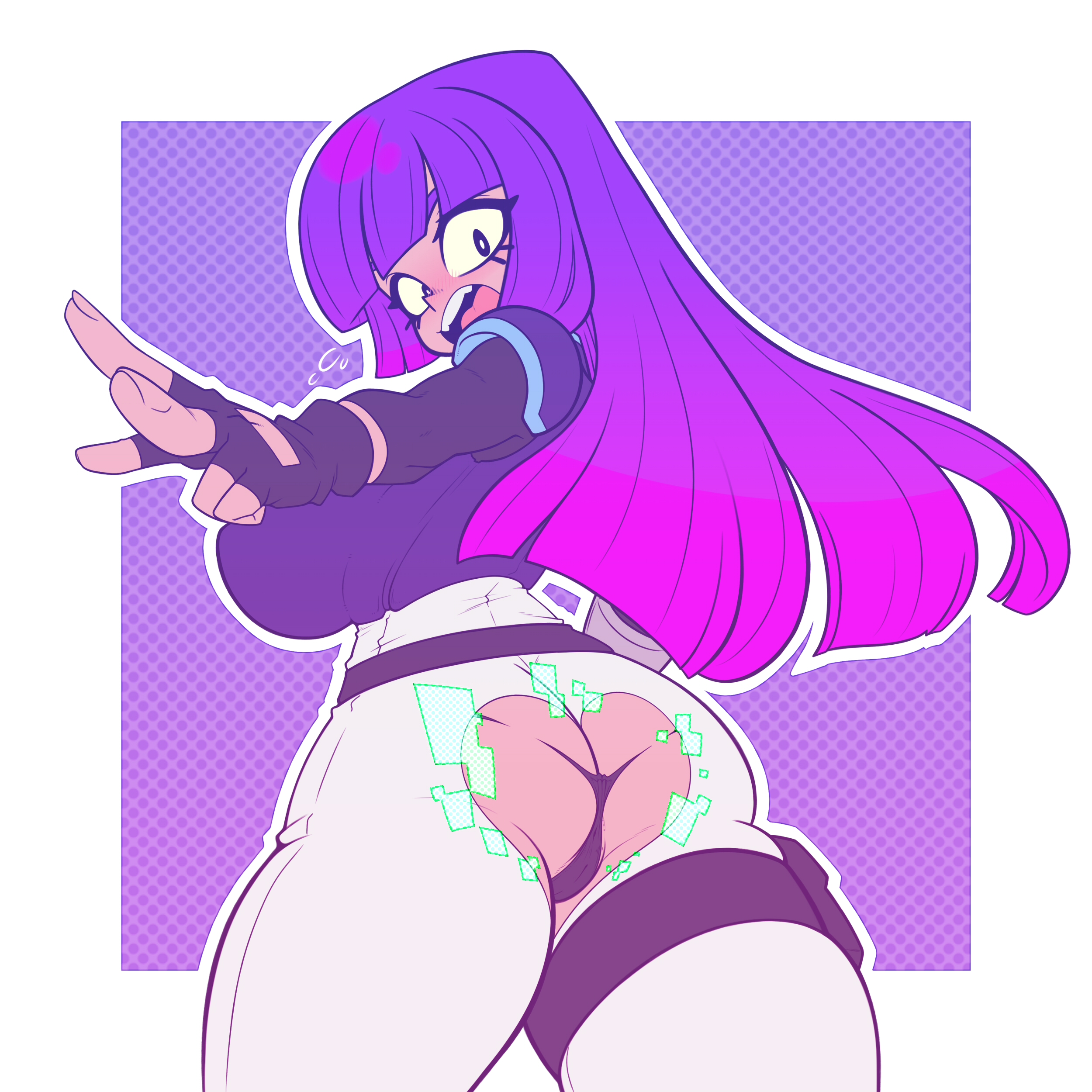 1girls, absurd res, ass, ass crack, blush, breasts, butt crack, cameltoe, female, female only, fingerless gloves, glitch techs, gloves, hi res, kaikoinu, koikatsu, large breasts, looking at viewer, looking back, miko kubota, panties, purple eyes, purple hair, pussy, smile, smooth skin, solo, surprised, thong, torn clothes, torn clothing, wardrobe malfunction
