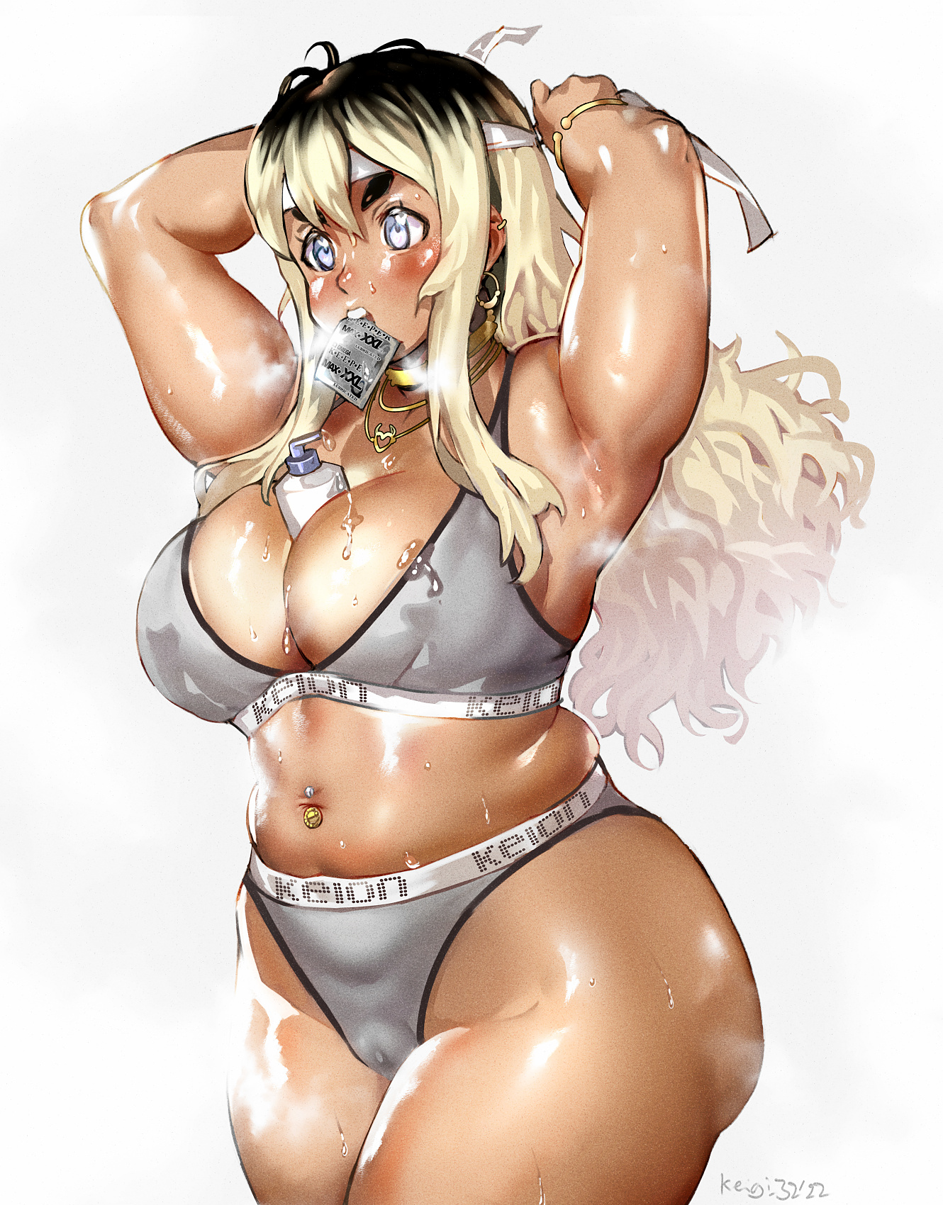 1girls, ass, big ass, blonde hair, bra, breasts, chubby, chubby female, condom, condom in mouth, curvaceous, dark skin, dark-skinned female, eye contact, female, female only, grey bra, grey panties, gyaru, k-on!, keigi (artist), large breasts, long hair, navel piercing, panties, panty waistband, shiny skin, slightly chubby, solo, solo female, tan, tan skin, text on clothing, thick thighs, thighs, tsumugi kotobuki (k-on!), two-tone hair, voluptuous, wide hips, yellow eyes