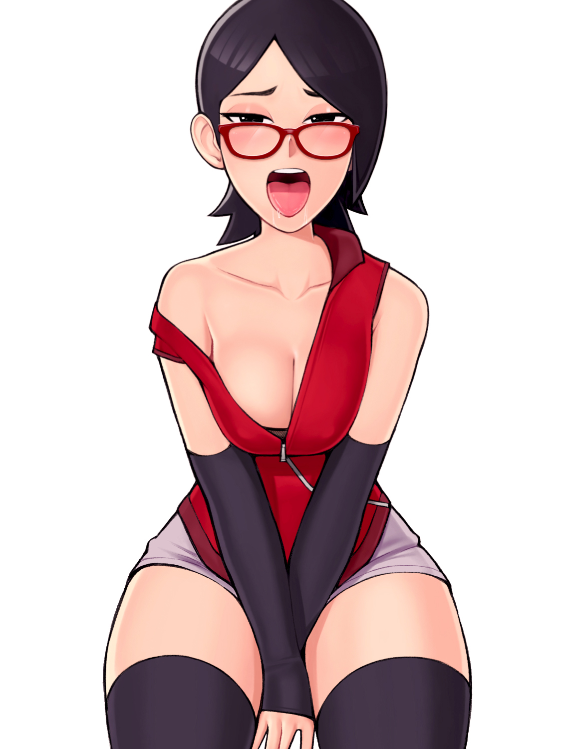1girls, 2022, alternate breast size, asymmetrical hair, black eyes, black hair, blush, boruto: naruto next generations, breasts, cleavage, clothed, clothed female, drooling, female, female only, glasses, kneeling, large breasts, loodncrood, naruto, naruto (series), open mouth, red frame glasses, sarada uchiha, short hair, slim waist, solo, thick thighs, thighhighs, thighs, tongue, tongue out, young