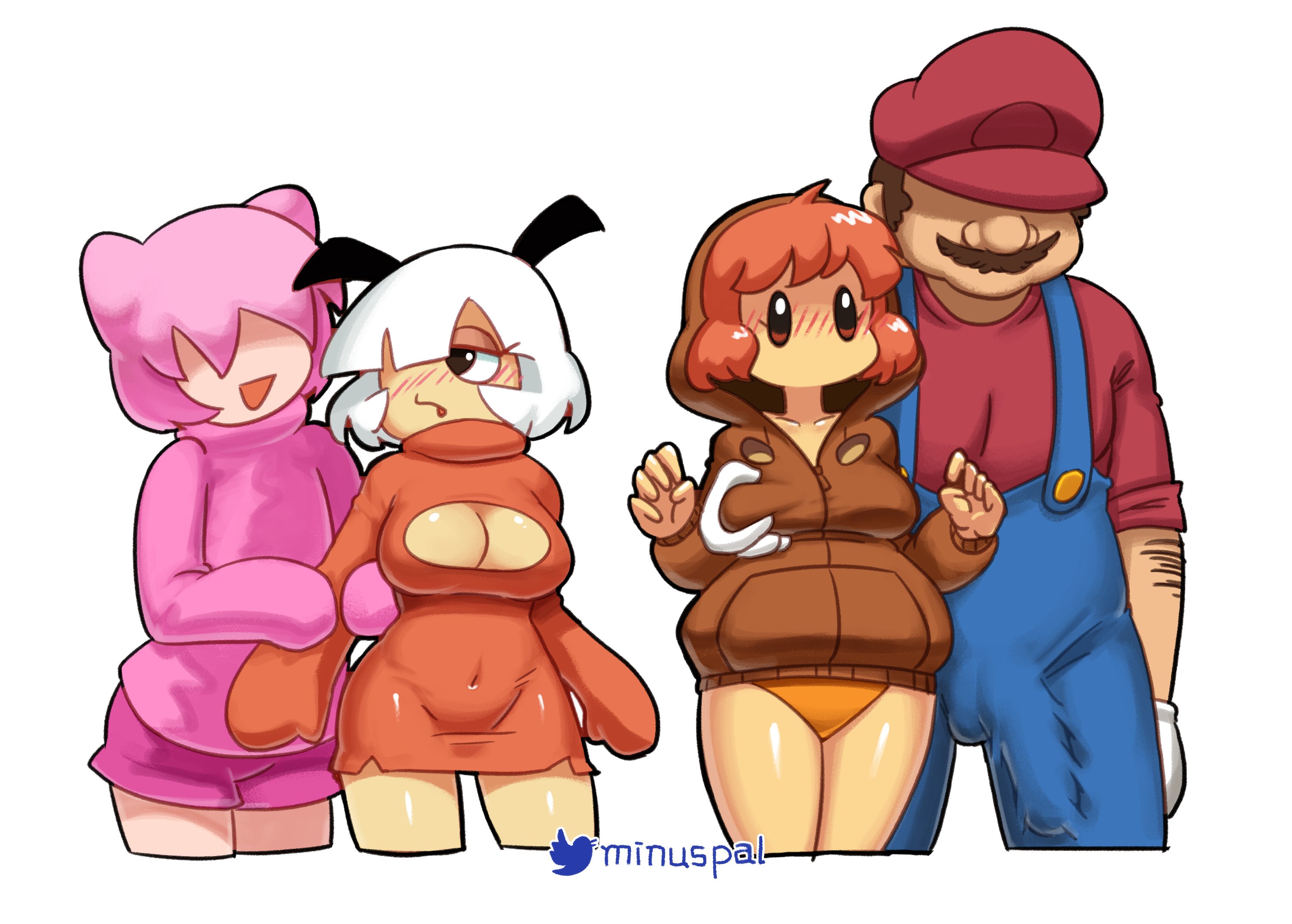 2022, 2boys, 2girls, absurd res, antenna hair, arm grab, arm hair, artist name, balls, balls bulge, black eyes, blush, body hair, breast grab, breast squeeze, breasts, brown clothing, brown eyes, brown hair, cap, cleavage, cleavage cutout, clothed, clothing, costume switch, covered navel, crossover, cumby (minus8), dress, embarrassed, erection, erection under clothes, female, gloves, goomba, goomba girl, hair over one eye, hat, highres, hoodie, kirby, kirby (series), kirby boy, large breasts, looking at another, male, mario, mario (series), matching hair/eyes, minus8, moustache, mouthless, multiple boys, multiple females, multiple girls, multiple males, nintendo, no mouth, open mouth, orange panties, overalls, panties, pink hair, pink shorts, pink sweater, red shirt, shaded face, shirt, short dress, short hair, short shorts, shorts, signature, simple background, smaller female, smile, standing, straight, sweater, sweater dress, swingers, thick thighs, thighs, turtleneck, turtleneck sweater, twitter username, underwear, waddle dee, watermark, white background, white gloves, white hair